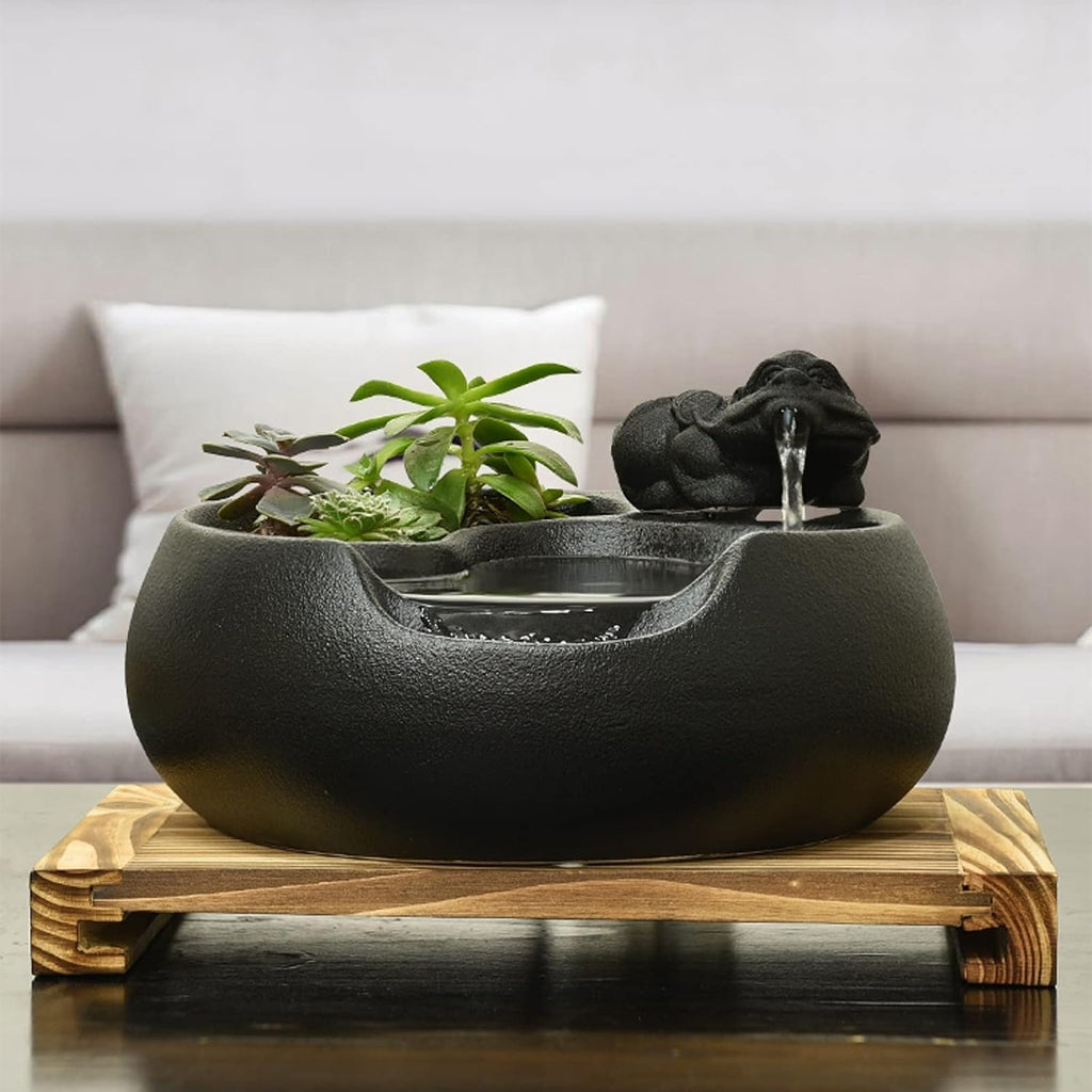 HIHELO Desktop Fountain Ceramic Tabletop Fountain for Indoor and Outdoor Office Patio Black Ceramic Fountain with Pump and Wooden Base Water Fountain Outdoor (Color : A)