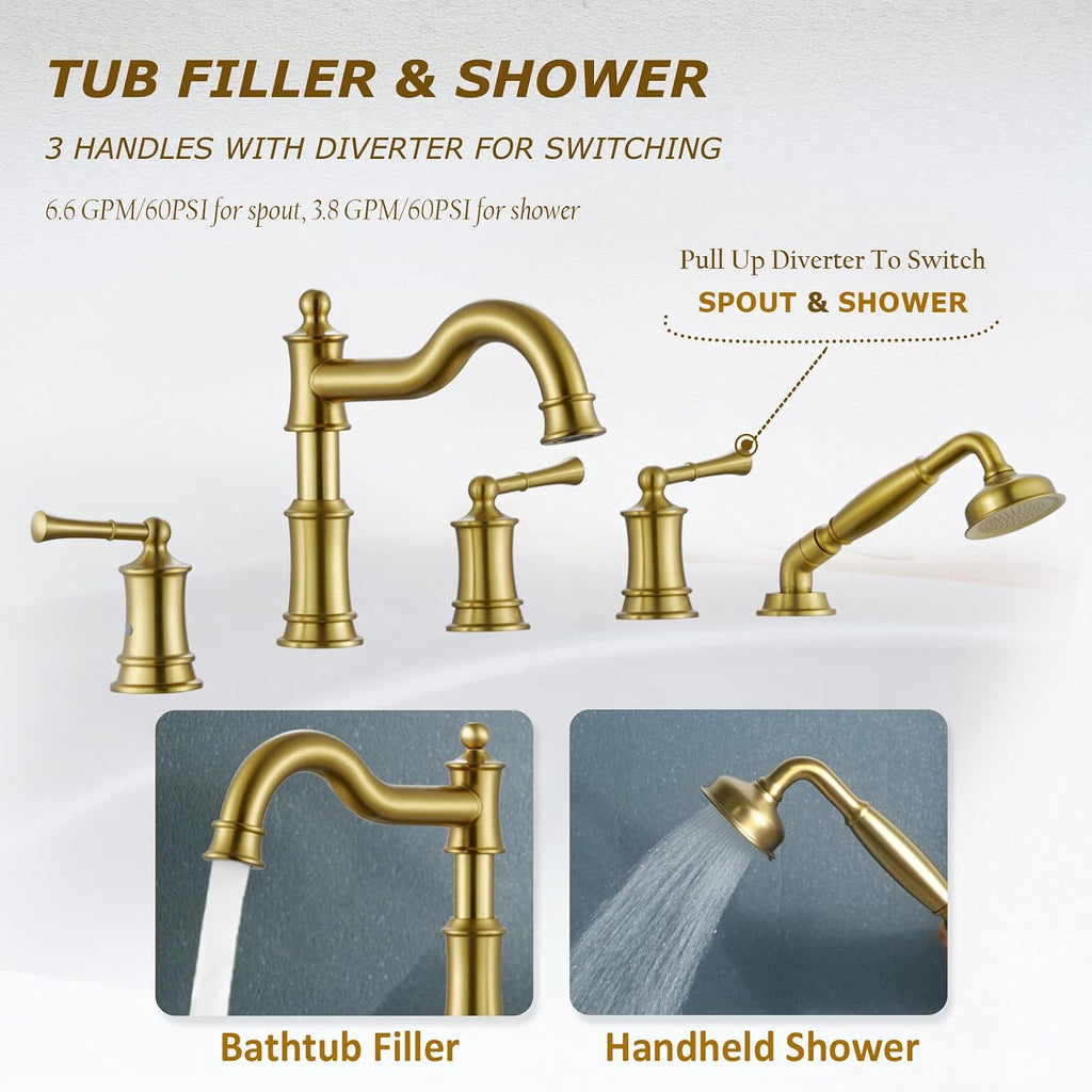 Roman Tub Faucet Set With Handheld Shower 5 Hole Deck Mount Tub Filler With Diverter, 3 Lever Handle Rough-in Valve and Water Supply Lines Included for Bathroom Tub, Brushed Gold