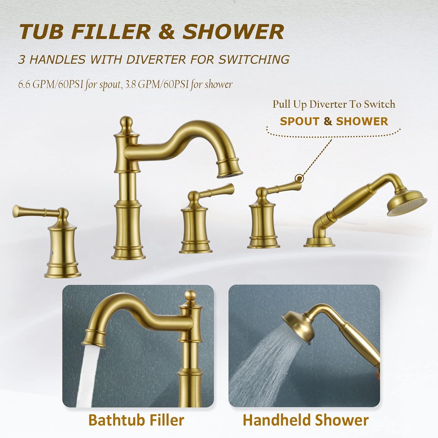 Roman Tub Faucet Set With Handheld Shower 5 Hole Deck Mount Tub Filler With Diverter, 3 Lever Handle Rough-in Valve and Water Supply Lines Included for Bathroom Tub, Brushed Gold
