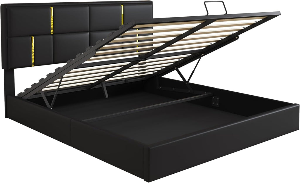 2-Pieces Bedroom Sets, Queen Size PU Upholstered Platform Bed with Hydraulic Storage System, Wood Platform Bed Frame with Metal Legs Storage Ottoman for Kids Teens Adults Bedroom, Black