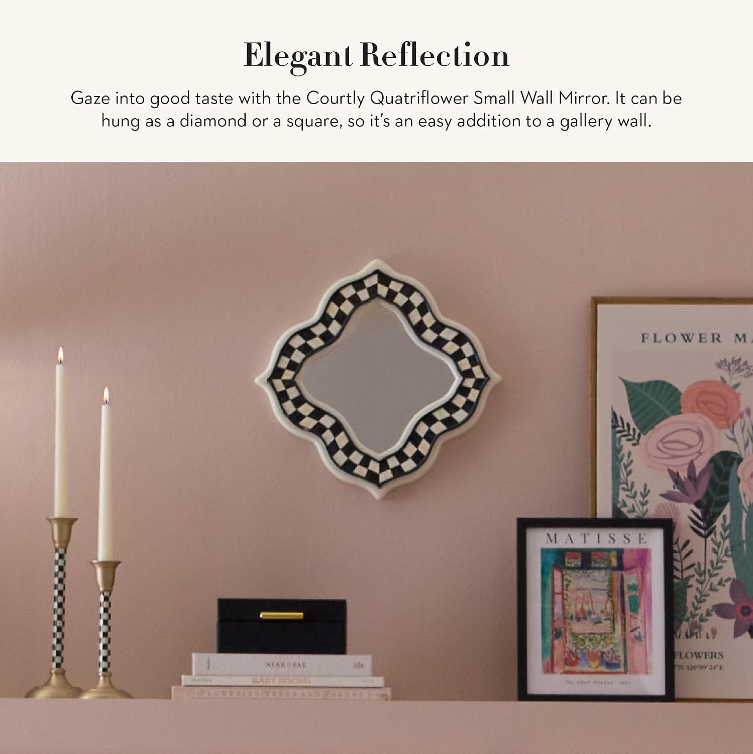 MACKENZIE-CHILDS Quatriflower Small Wall Mirror, Diamond Mirror Wall Decor, Black-and-White Courtly Check