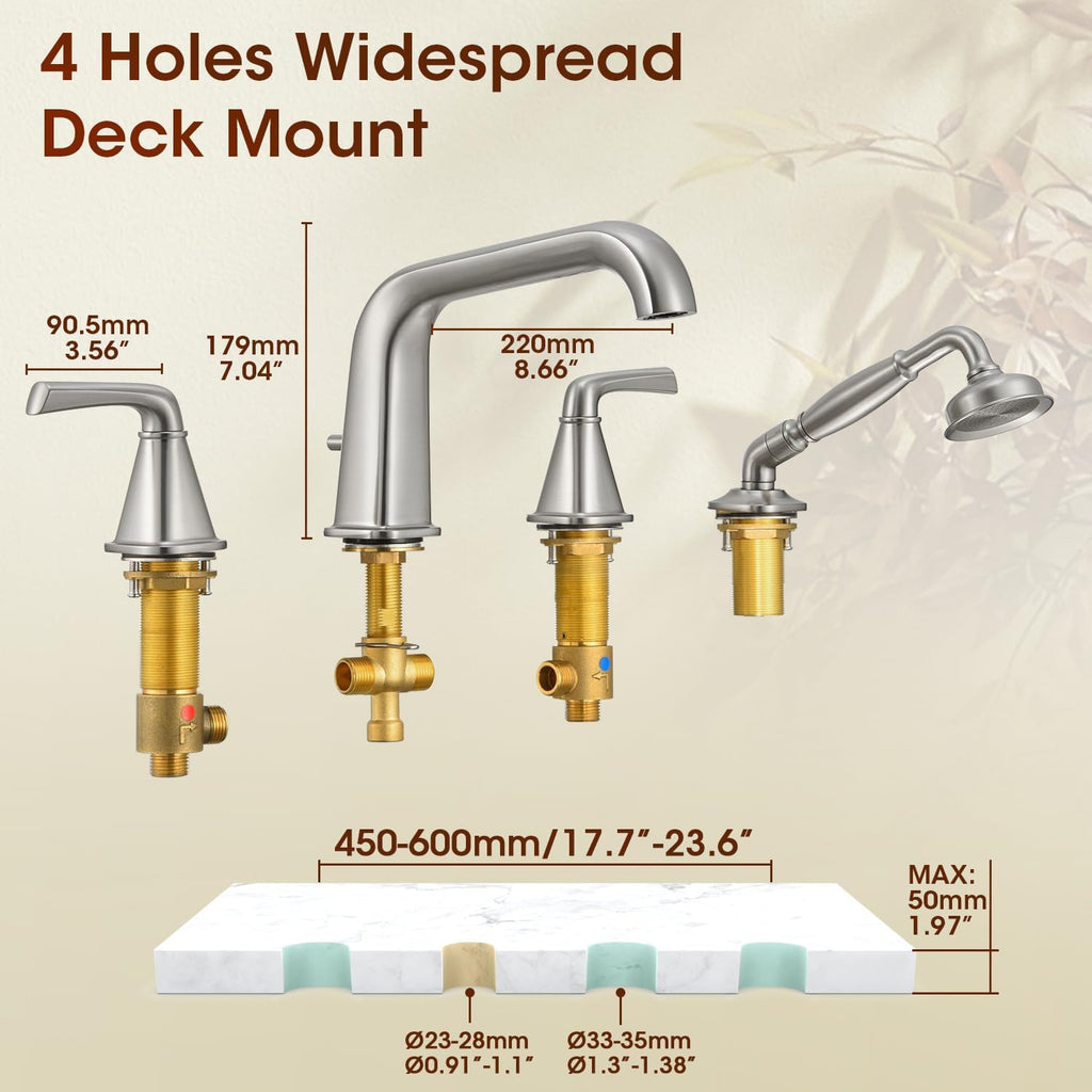 Roman Bathtub Faucet with Sprayer, Qinkell Tub Faucet Set with Valve, 4 Hole Deck Mount Tub Faucets, 2 Handle High Flow Tub Filler with Hand Shower and Supply Lines Brushed Nickel