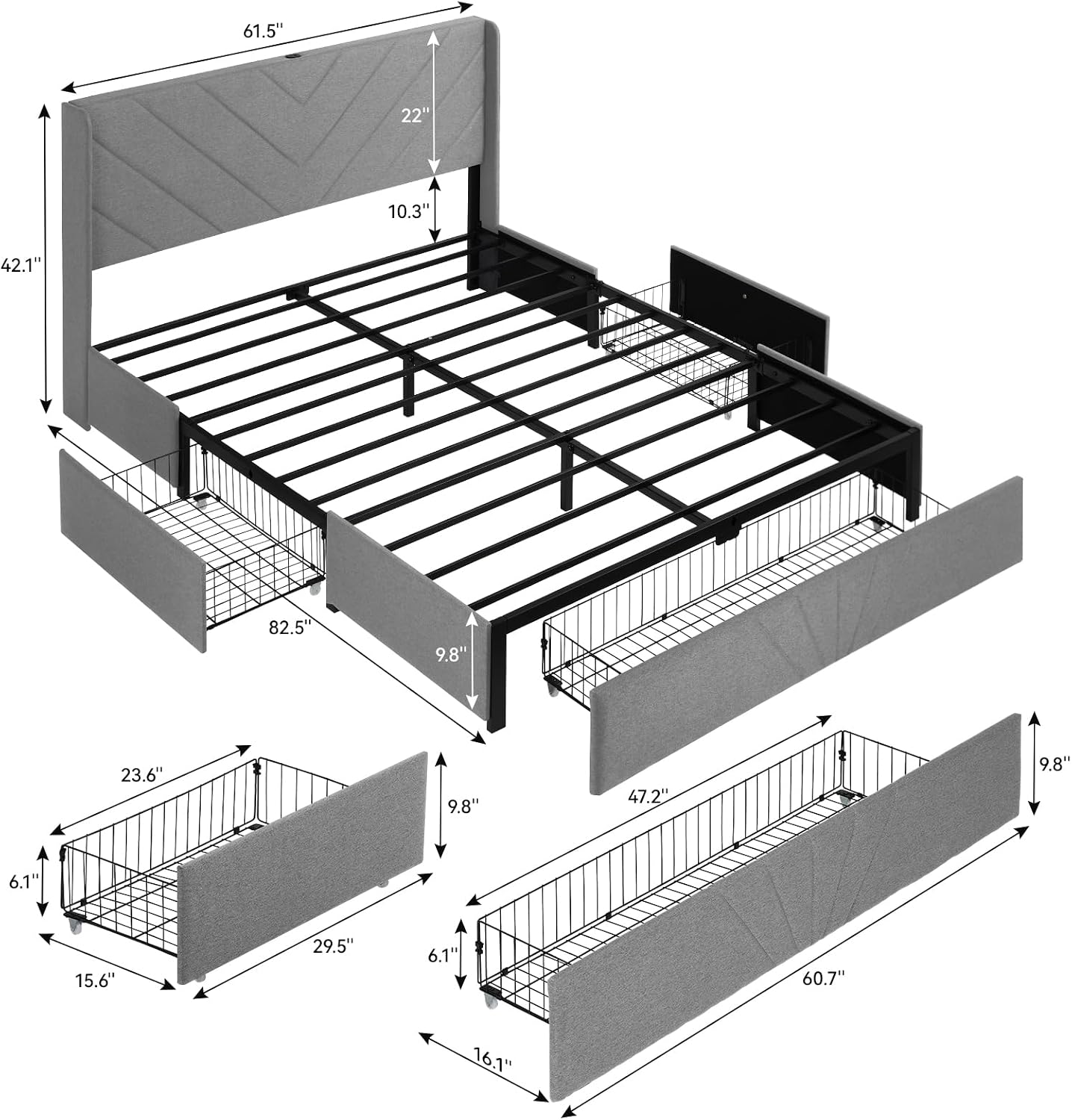 LUCKLIFE Queen Size Metal Bed Frame with Upholstered Headboard,Storage Drawers,USB&Type-C Charging Ports,No Box Spring Needed,Grey