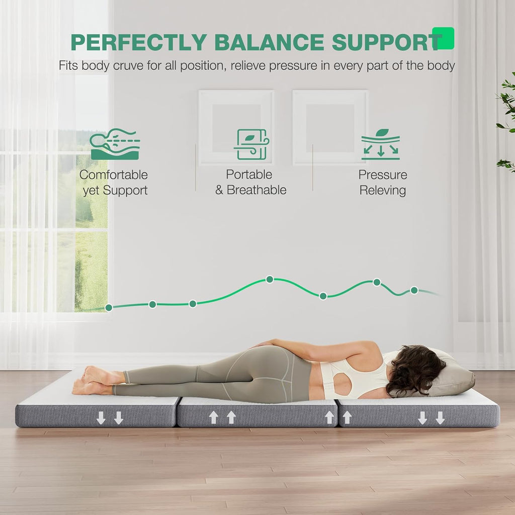 Novilla Tri Fold Mattress Queen, 4 Inch Gel Foam Memory Foam Mattress, Portable Trifold Mattress with Zipped Cover for Yaga, Fodable Mattress, Easy to Storage, Queen Size