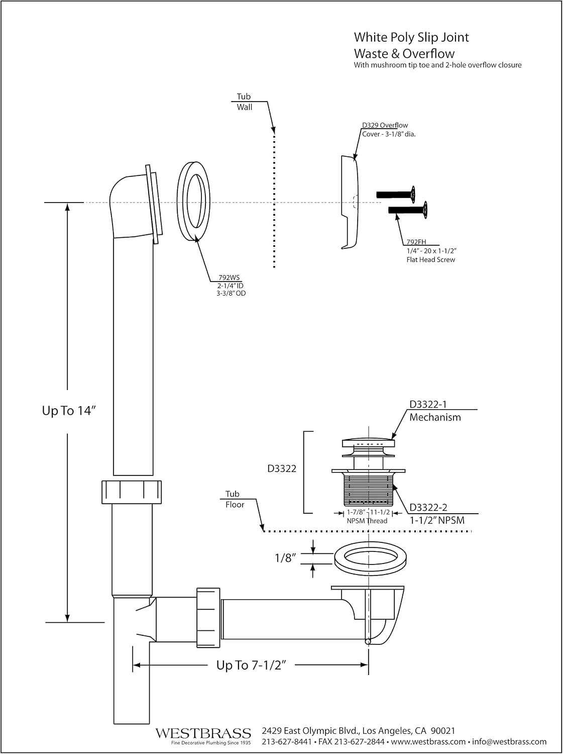 Westbrass A593244-07 14' x 1-1/2' White Tubular Bathtub Waste & Overflow Assembly with Tip-Toe Drain Plug and 2-Hole Faceplate, Satin Nickel (Pack of 12)