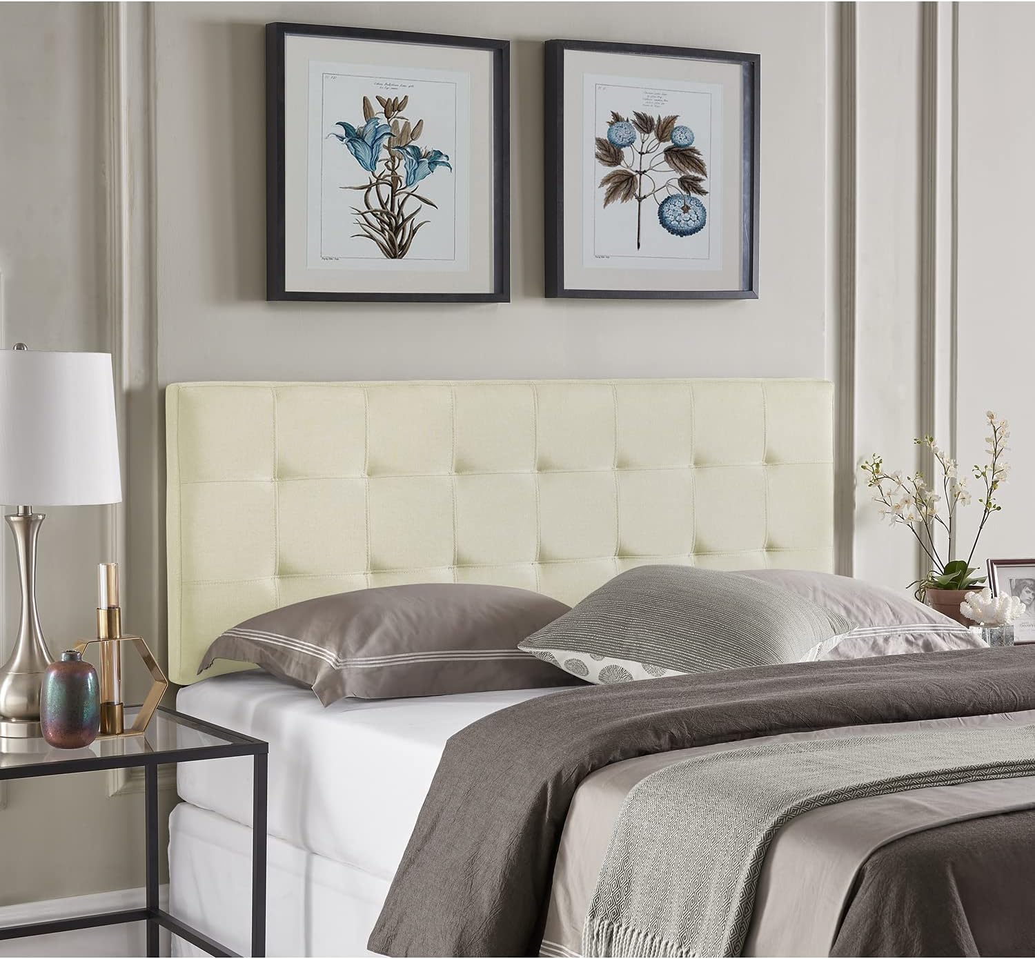 Naomi Home Jessenia Queen Headboard – Linen Upholstered Adjustable Tufted Panel with Padded Surface, Wall or Bed Frame Mount – Cream