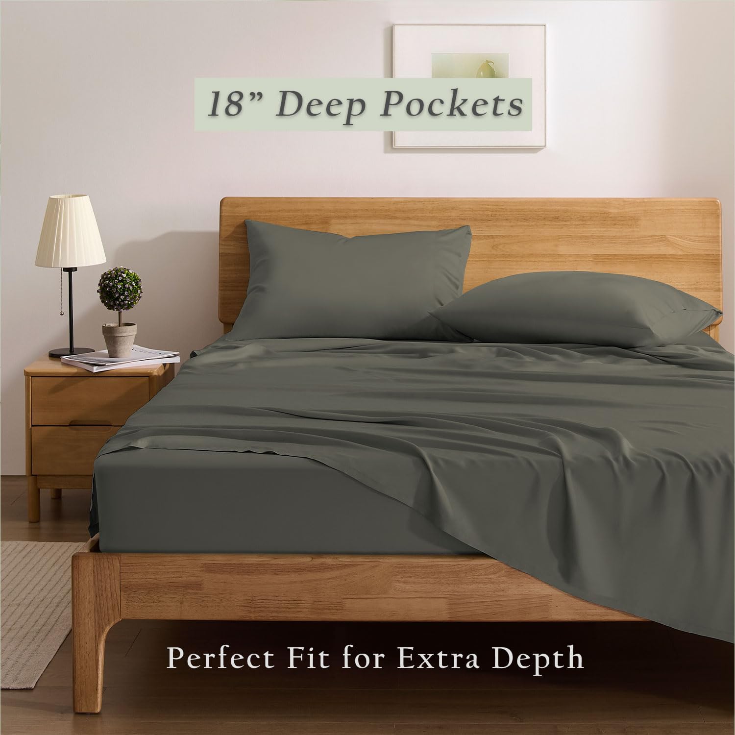 TOSMO Luxury Cooling Sheet Set - 100% Viscose from Bamboo, 4-Piece Bedding Set (Full Size) - 18' Extra Deep Pockets, Oeko-Tex Certified, Silky Soft and Breathable, Charcoal