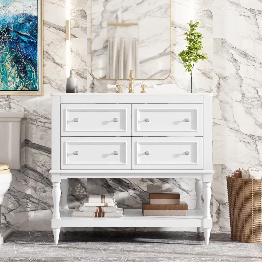 36 Inch Bathroom Vanity with Undermount Ceramic Sink, Free Standing Cabinet with 4 Drawers, Solid Wood Frame Modern Storage Set, Complete Single Basin Vanity for Bathroom (White)