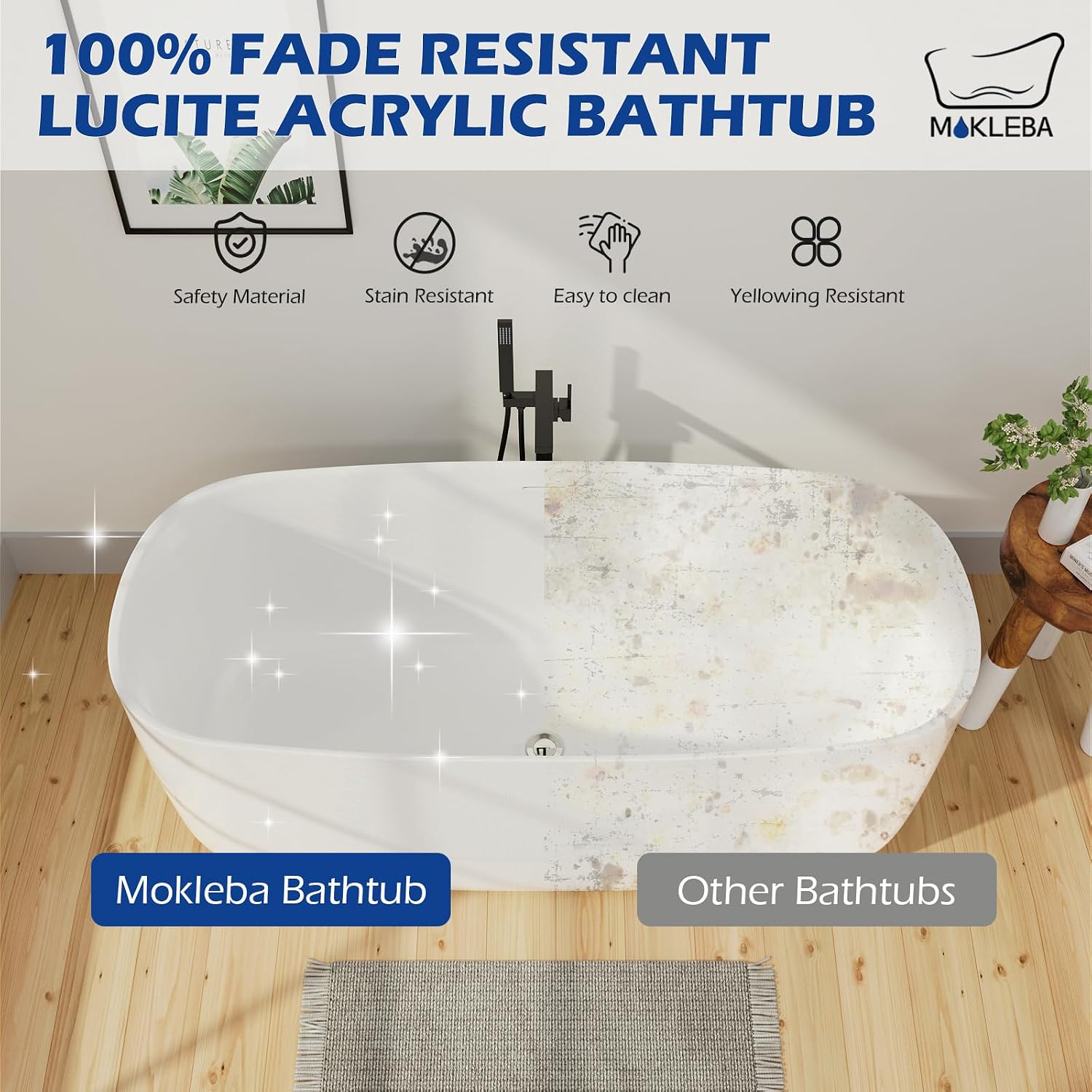 59' Lucite Acrylic Freestanding Bathtub, Rectangular Shape Contemporary Soaking Tub with Toe-tap Chrome Center Drain, Slotted Overflow, cUPC Certified, Glossy White