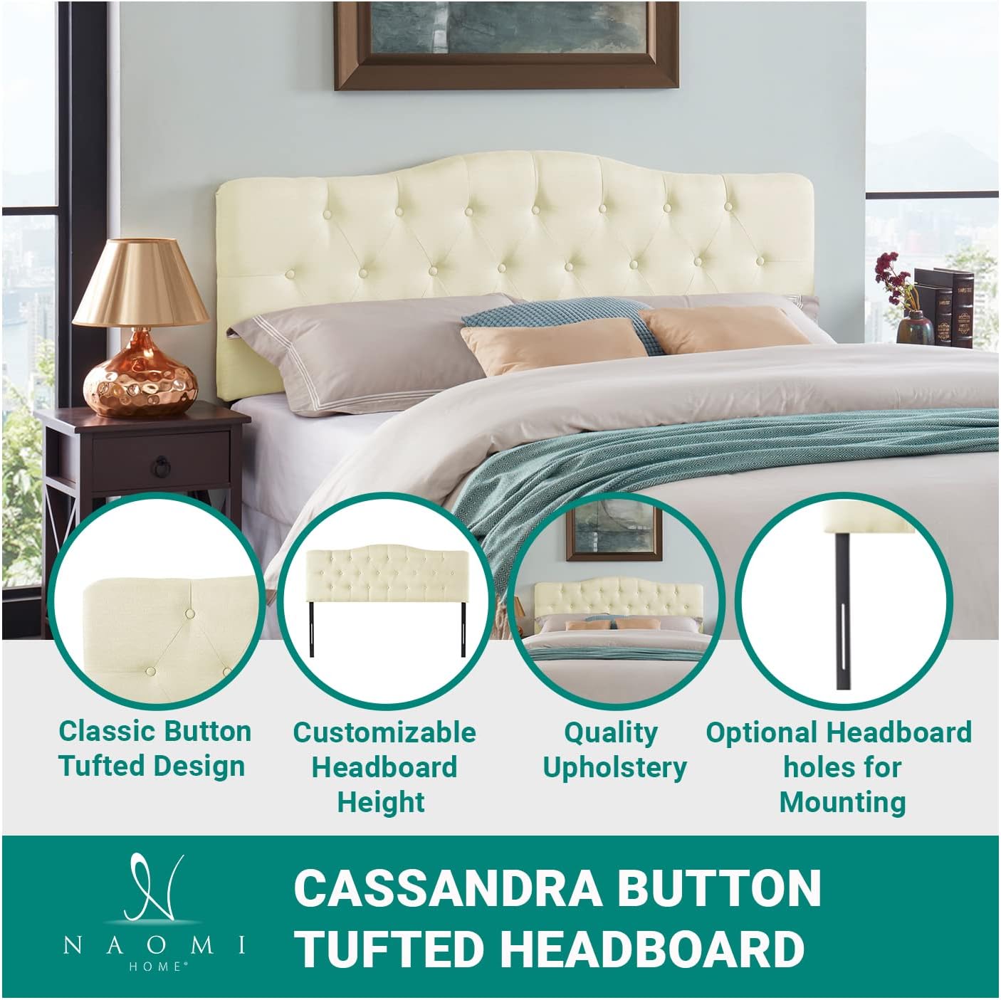 Naomi Home Cassandra Queen Tufted Headboard, Upholstered in Durable Linen Fabric – Premium Foam Cushioning, Adjustable Height, Floating Wall or Bed Frame Mount, Compatible with Adjustable Beds