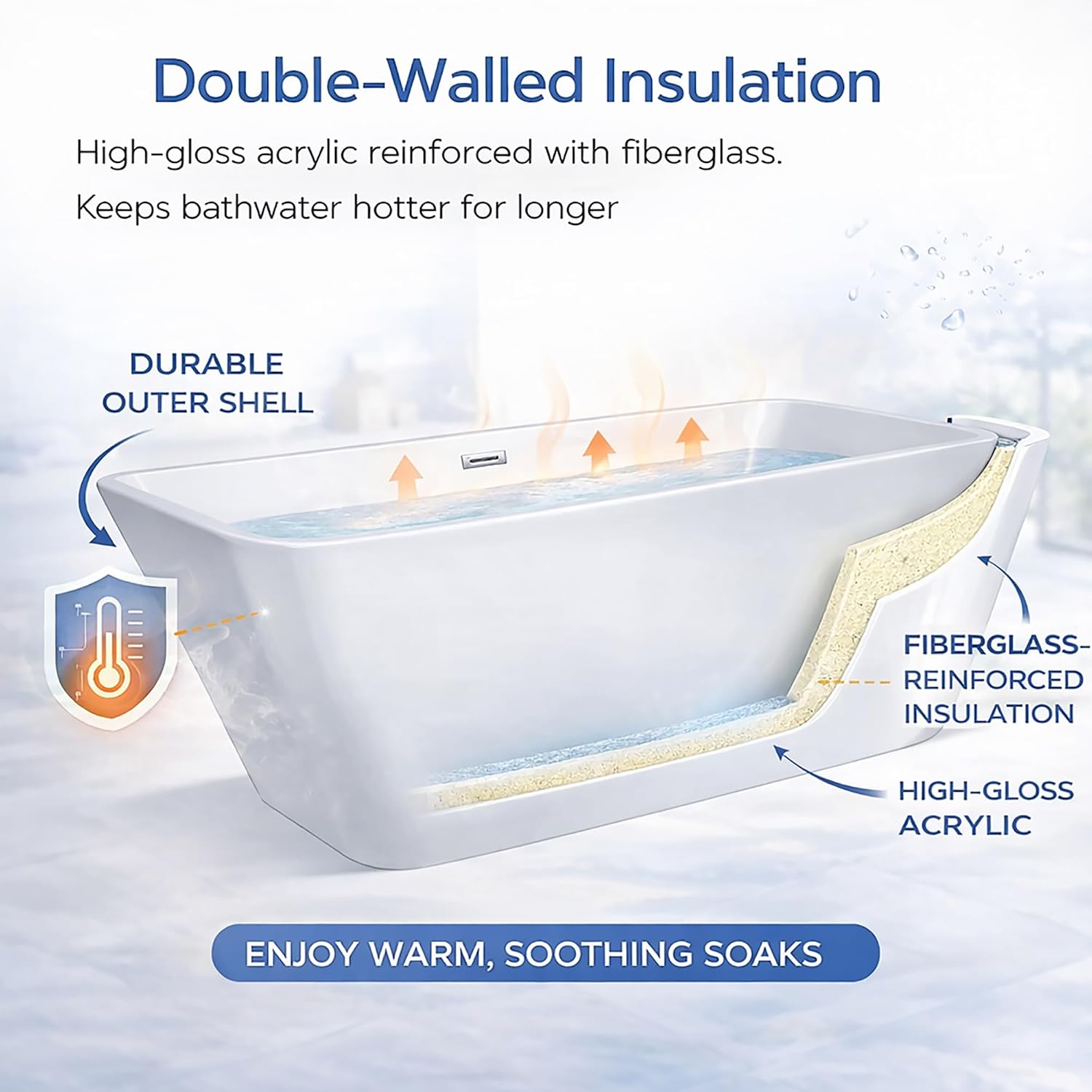 66'Acrylic Freestanding Bathtub, Modern Soaking Tub with Matte Drain and Black Overflow, Glossy White, Deep Ergonomic Design, Double-Walled Insulation, CUPC Certified Bath Tub