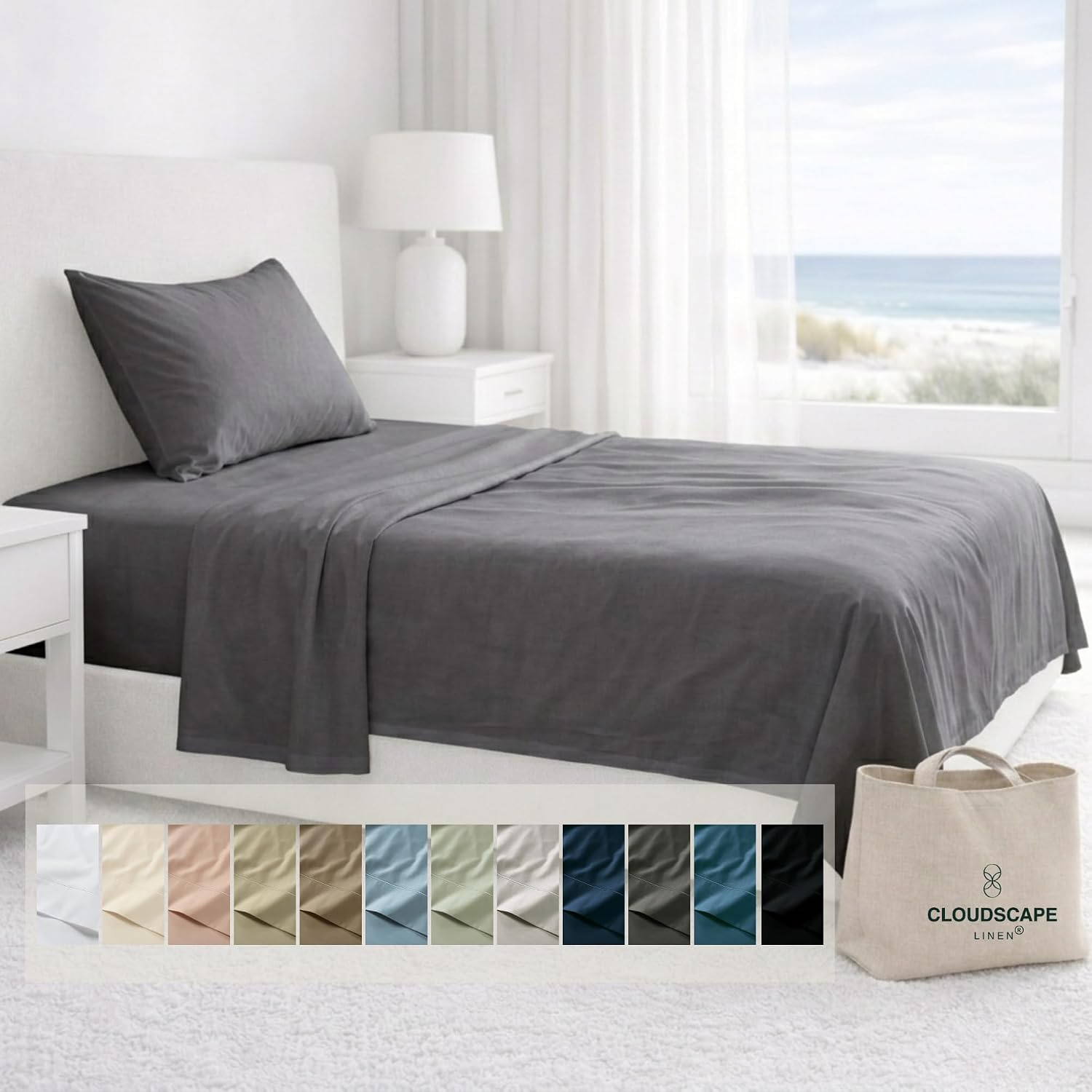 CLOUDSCAPE 100% Egyptian Cotton Sheets Twin XL Size, 3 Pieces Breathable and Naturally Cooling Bedding Set, Long-Staple Cotton for Ultra Soft, Deep Pocket Fitted up to 16', Charcoal