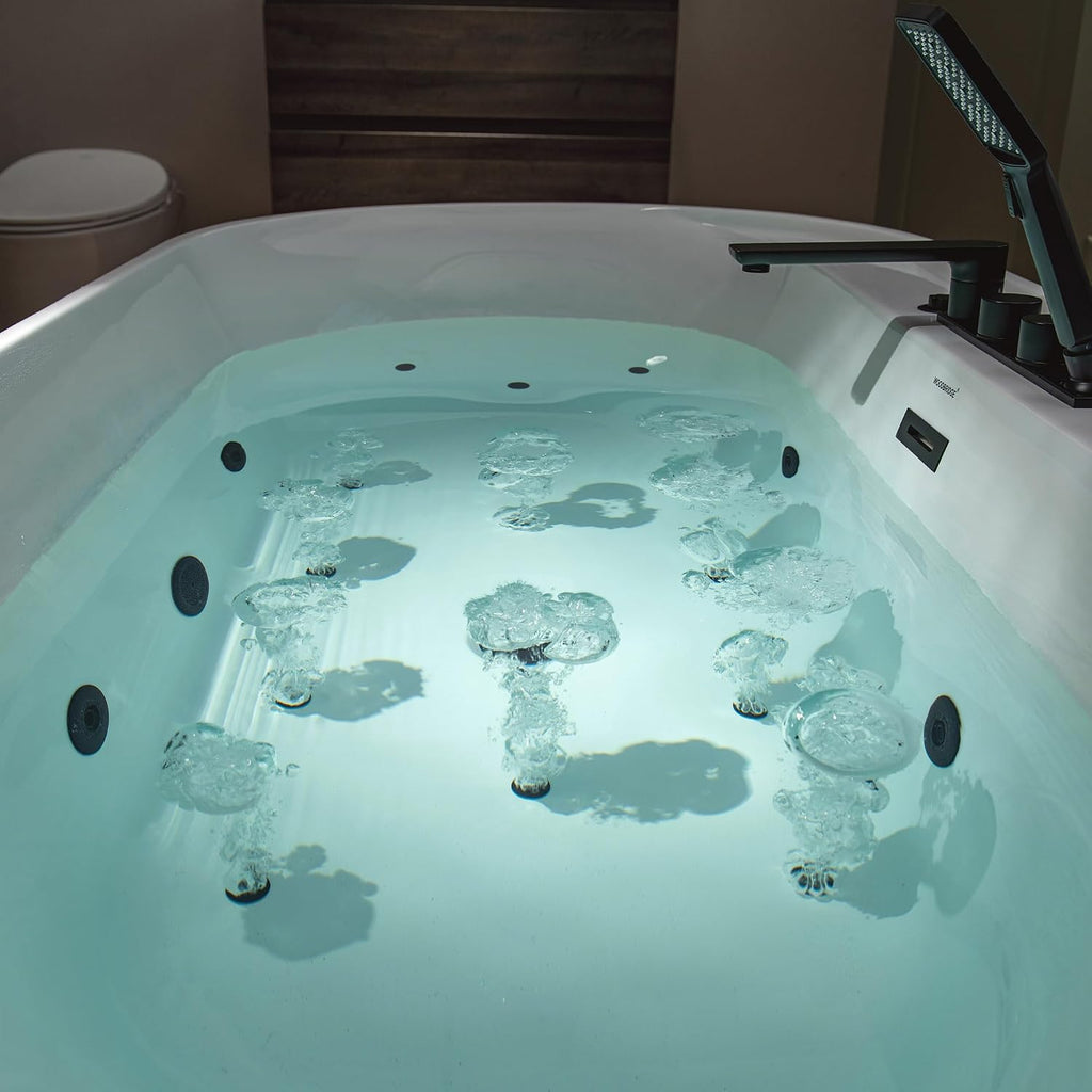 WOODBRIDGE 72' x 35-3/8' Whirlpool and Air Bath Heated Soaking Combination Tub with Adjustable Speed Air Blower, Tub Filler, and LED control panel, Matte Black Finish Trim and Drain Kit, BM500+F0051MB