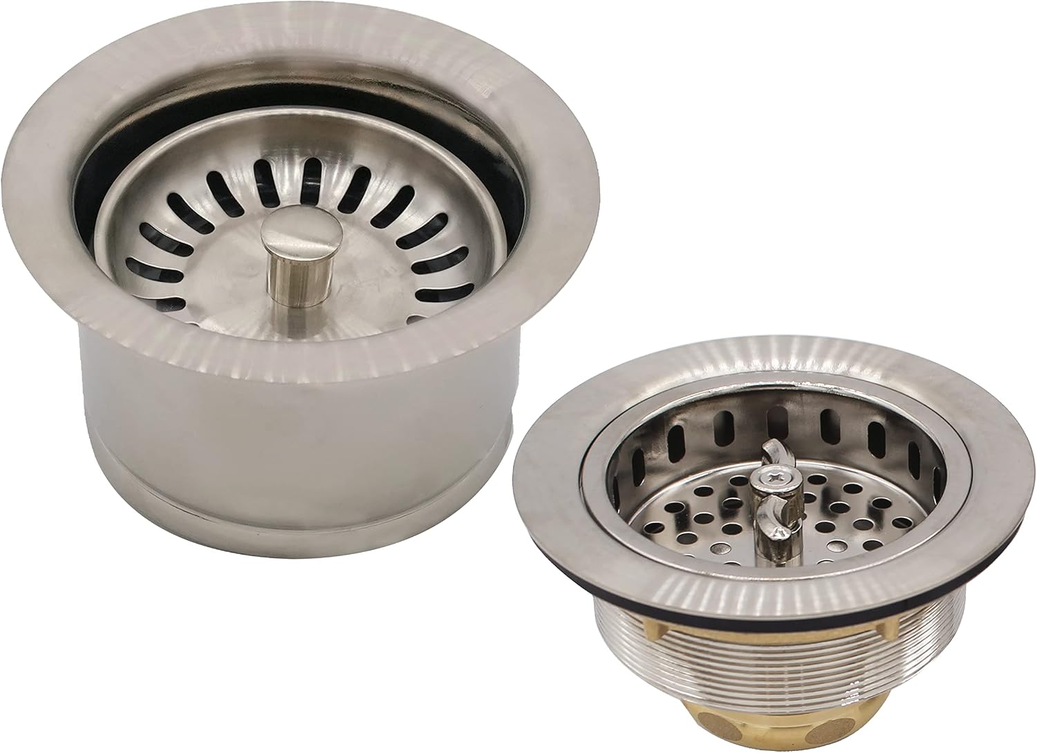 Westbrass CO2195S-07 Combo Pack 3-1/2' Wing Nut Twist Style Large Kitchen Sink Basket Strainer and Extra-Deep Collar Kitchen Sink Waste Disposal Flange with Strainer Stopper, Satin Nickel
