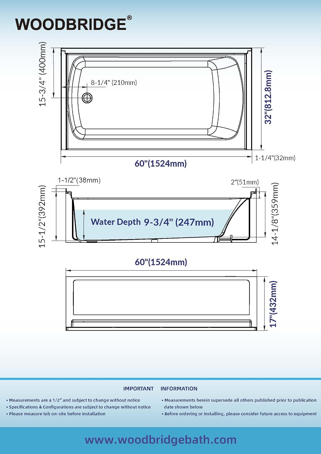 WOODBRIDGE 60' x 32' Alcove Soaking Bathtub in white with Left-Hand Drain Hole – Tub Only (No Wall Panels)
