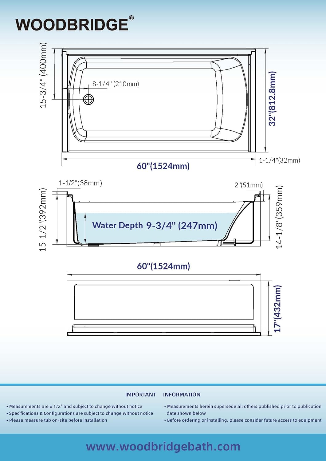 WOODBRIDGE 60' x 32' Alcove Soaking Bathtub in white with Left-Hand Drain Hole