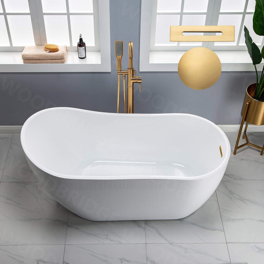 WOODBRIDGE 59' Acrylic Freestanding Bathtub Contemporary Soaking White Tub with Brushed Gold Overflow and Drain， B1530 -BG-Drain &O