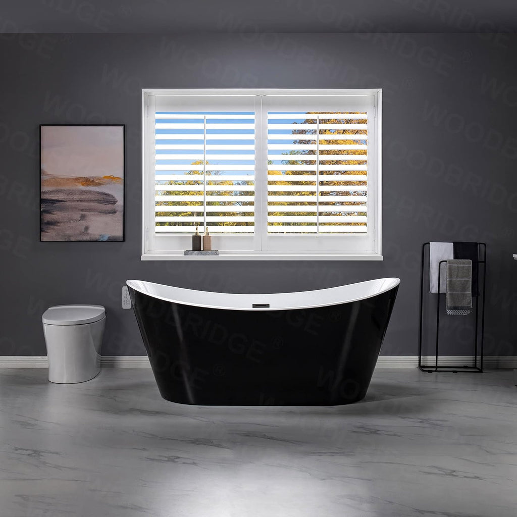WOODBRIDGE 67' Acrylic Freestanding Bathtub Contemporary Soaking Tub with Matte Black Overflow and Drain,Black,B1815 MB
