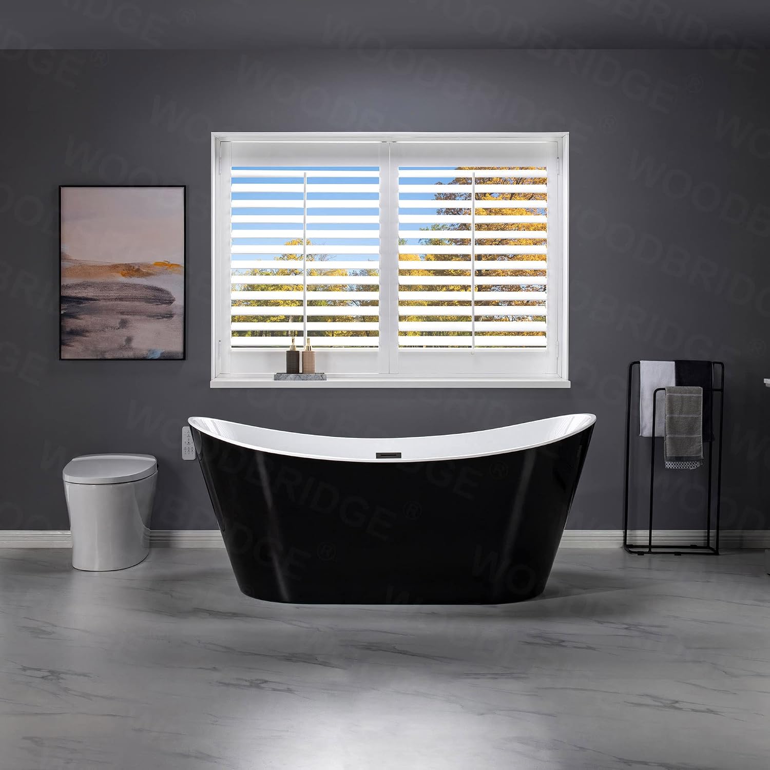 WOODBRIDGE 67' Acrylic Freestanding Bathtub Contemporary Soaking Tub with Matte Black Overflow and Drain,Black,B1815 MB