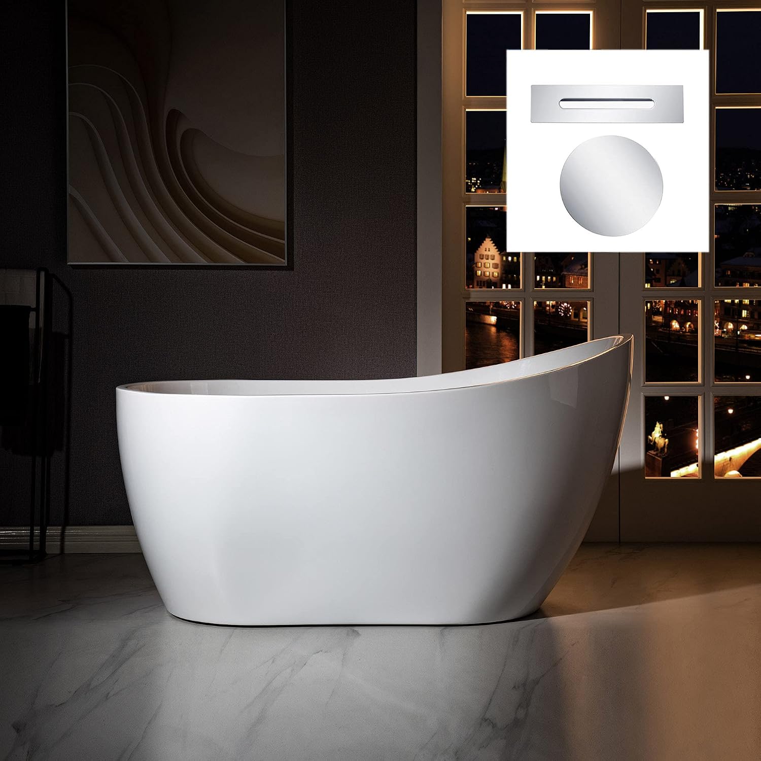 WOODBRIDGE 54' Acrylic Freestanding Bathtub Contemporary Soaking White Tub with Chrome Overflow and Drain，BTA1507 -C-Drain &O