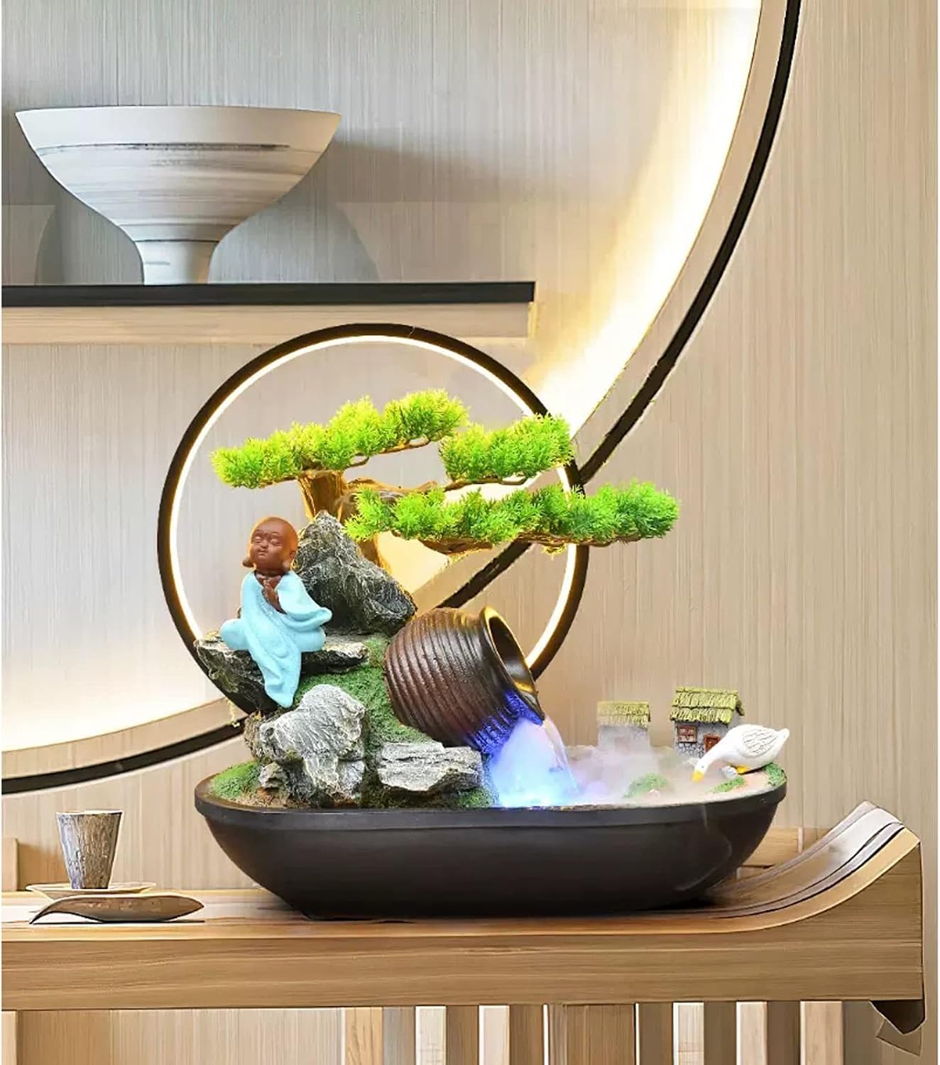 Tabletop Fountain Indoor Water Fountain, Artificial Bonsai and Buddah Statute Tabletop Fountain with LED Lights Zen Fountain for Home Office Bedroom Desk Decoration Water Fountain
