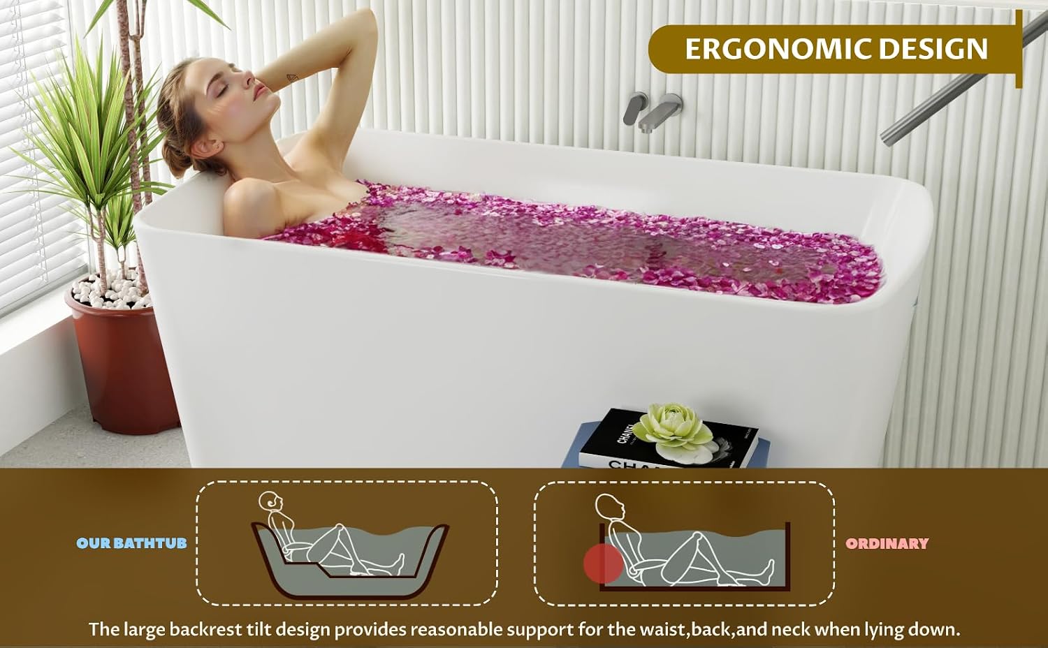 55 Inch Freestanding Bathtub, Small Square Soaking Tub, White Acrylic Deep Soak Tub for Narrow Spaces & Apartments, Modern Slim Design with Overflow & Chrome Drain Kit, Glossy Interior/Exterior