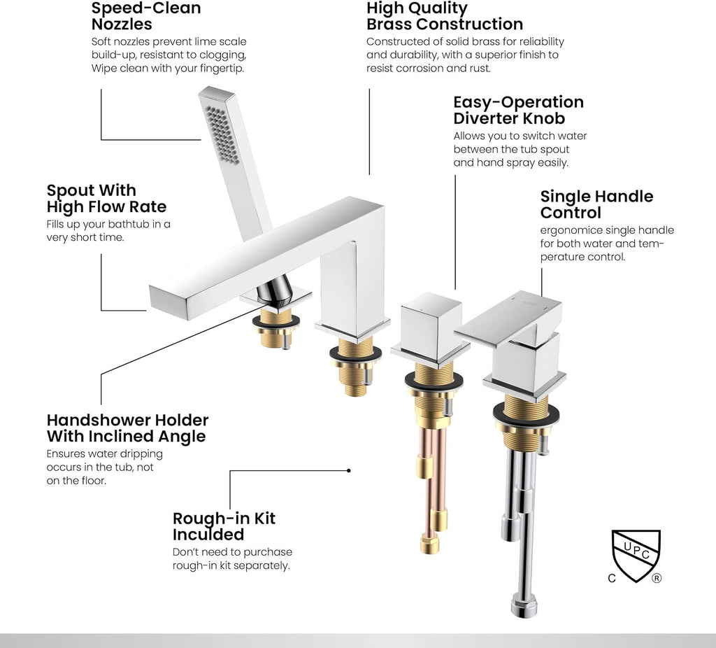 KIBI Cube Single Handle Roman Tub Faucet with Hand Shower | Deck Mounted Bathtub Faucet Set with Solid Brass Construction, Smooth Water Flow & Diverter for Easy Operation (Chrome Finish, KTF3102)