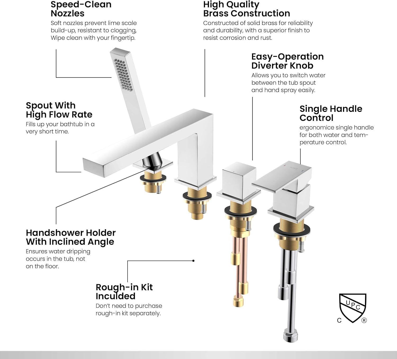 KIBI Cube Single Handle Roman Tub Faucet with Hand Shower | Deck Mounted Bathtub Faucet Set with Solid Brass Construction, Smooth Water Flow & Diverter for Easy Operation (Chrome Finish, KTF3102)