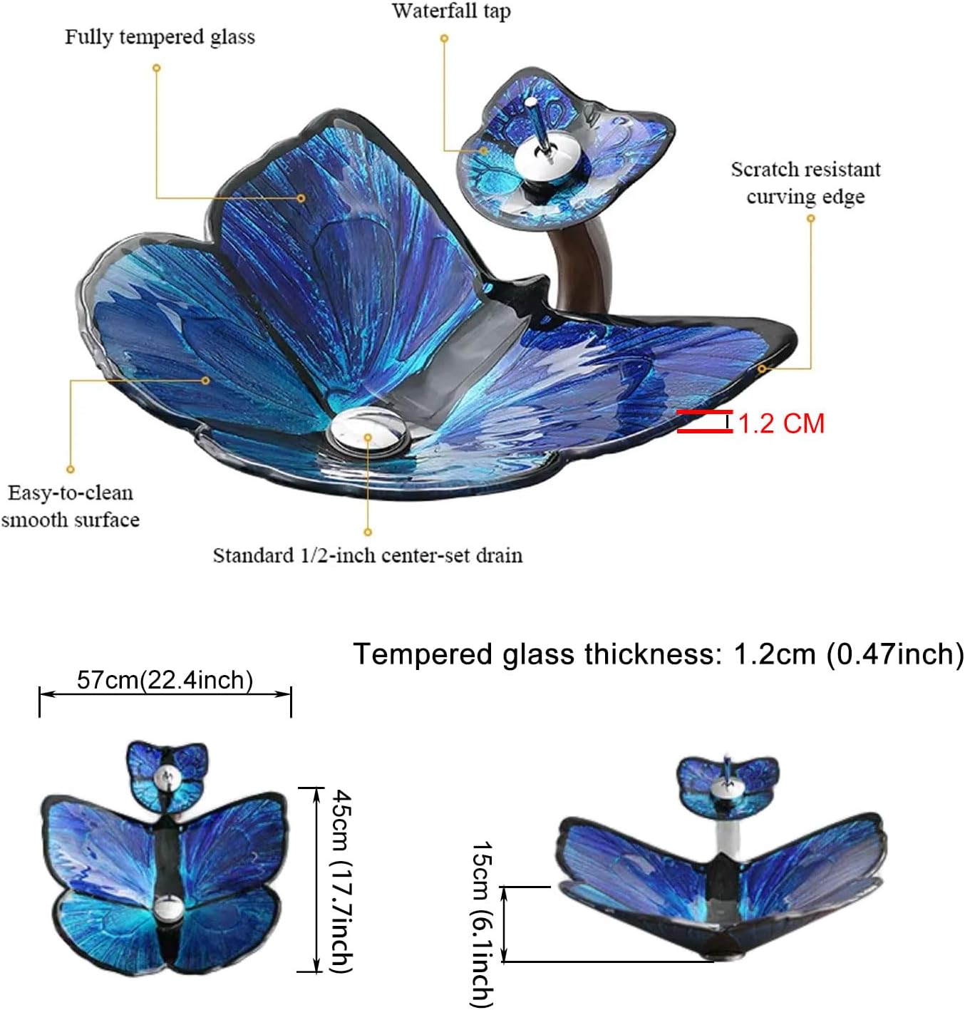 Bathroom Vessel Sink Butterfly Shape Tempered Glass Vessel - Above Counter Bathroom Basin and Waterfall Faucet Chrome, Pop-up Drain, Mounting Ring,Brown
