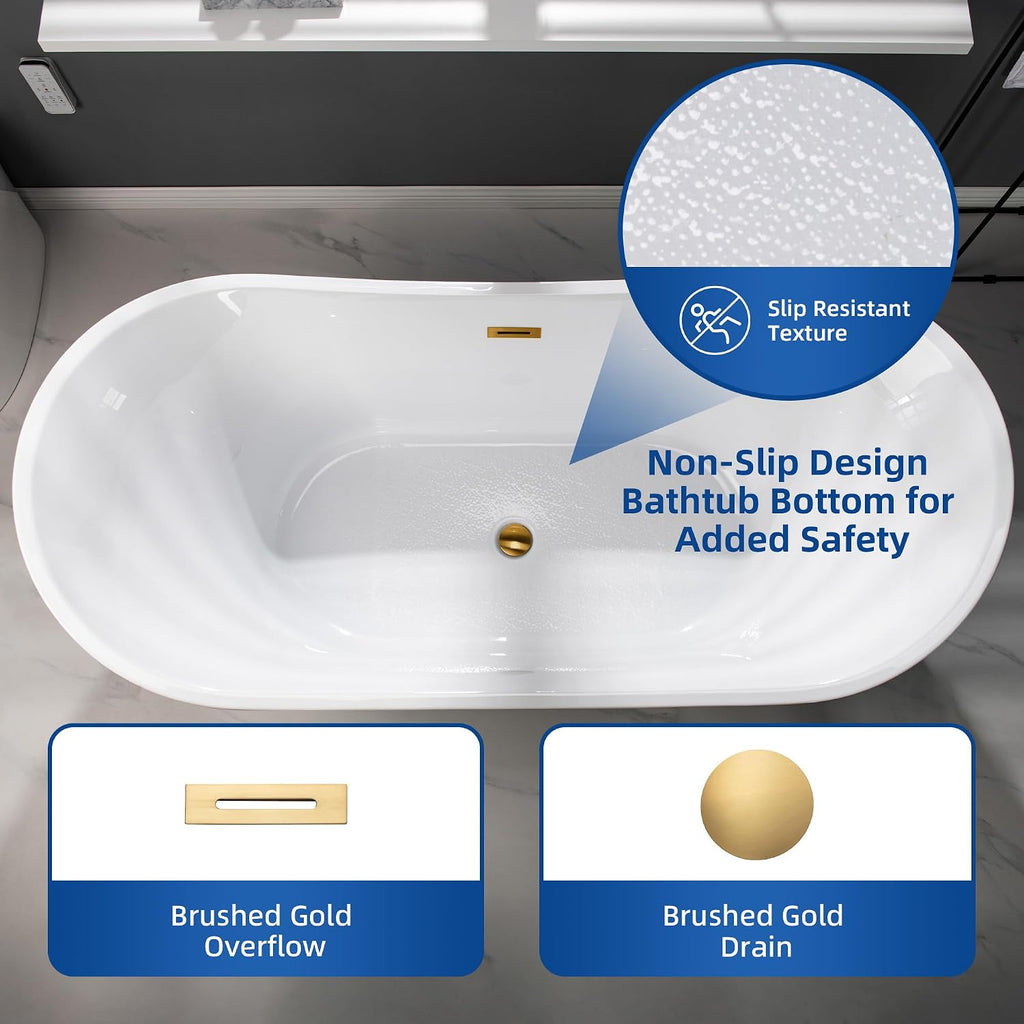 WOODBRIDGE 67' Acrylic Freestanding Bathtub Contemporary Soaking White Tub with Brushed Gold Overflow and Drain,B0010-BG