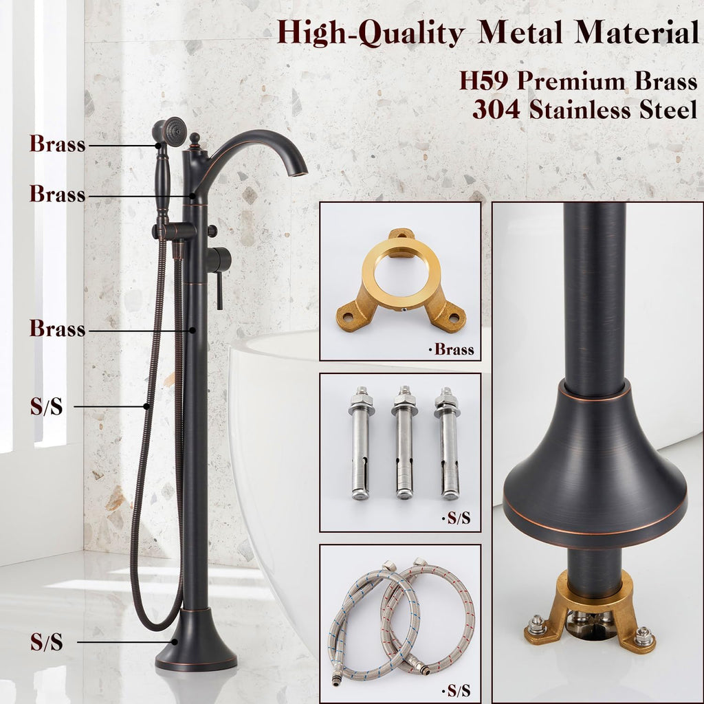 Freestanding Bathtub Faucet, Classic Free Standing Tub Faucet with Retro Handheld Sprayer High Flow Max 7.04GPM Floor Mounted Tub Fillers Swivel Spout Tub Faucets Oil Rubbed Bronze (WT-9002ORB)