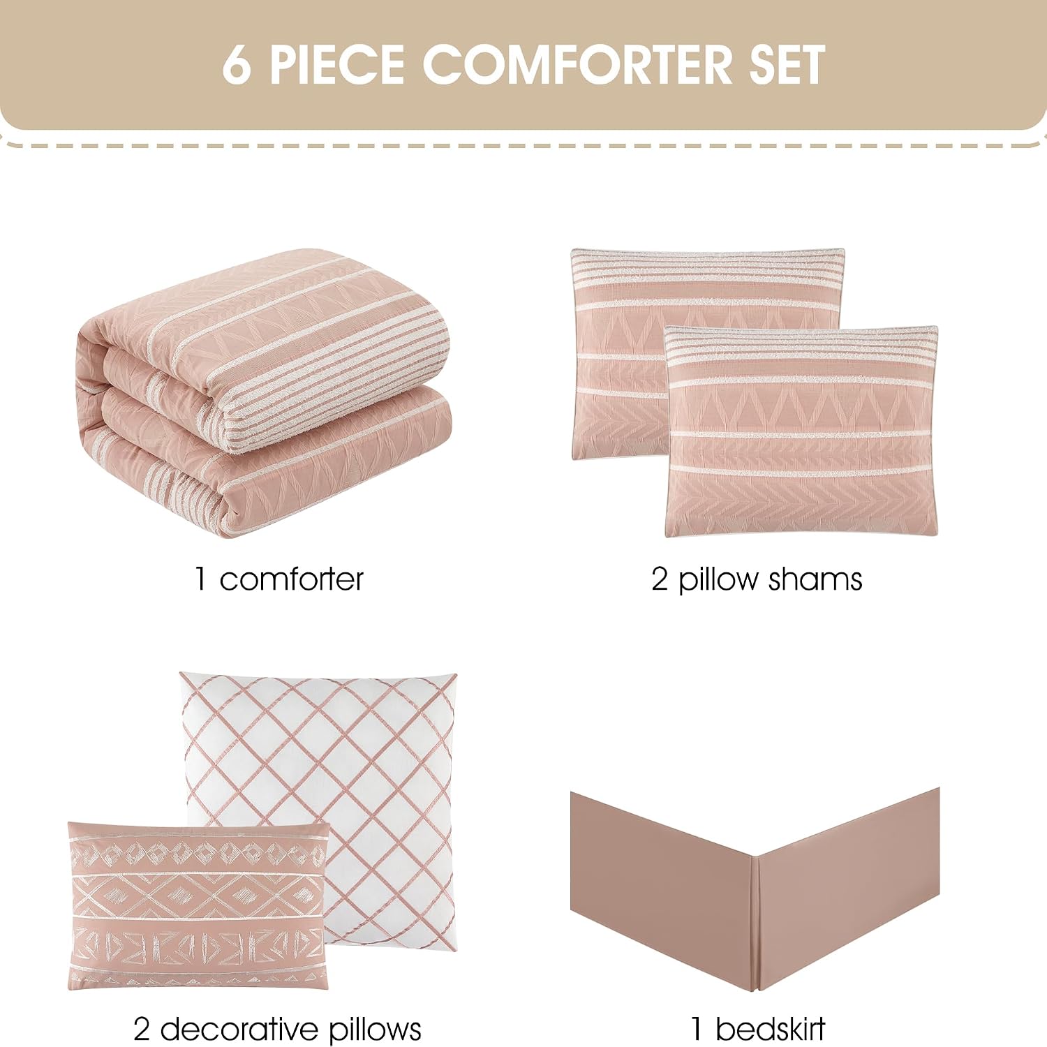 Grand Avenue Cotton Queen Size Comforter Set, 6 Piece, Blush Geometric Jacquard Bedding Set, Bedskirt, Pillows & Shams, Home Decor