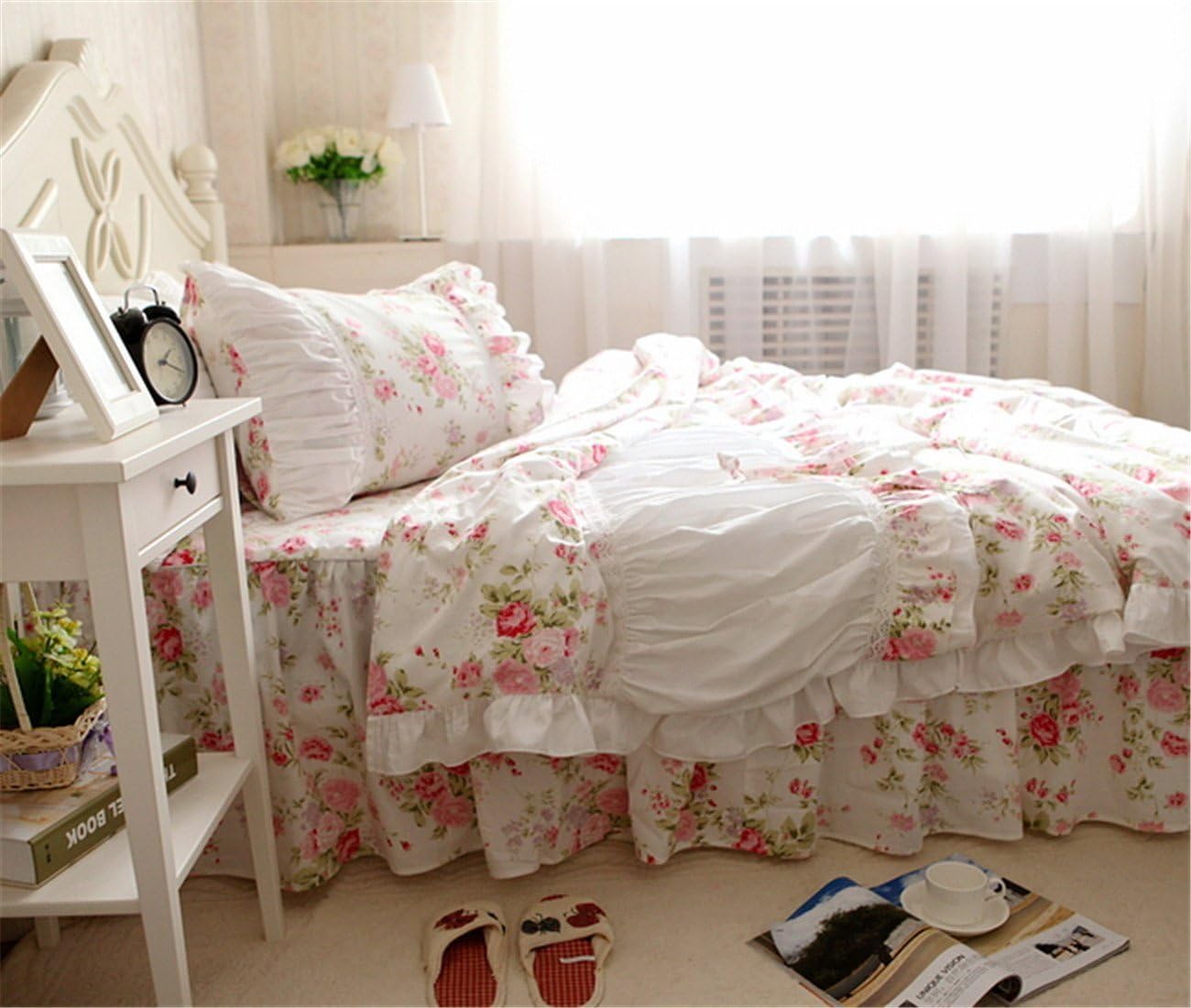 FADFAY Cotton Bedding,Shabby Rose Floral Print Bedding Set,Elegant Country Style Vintage Ruffles Duvet Cover Bed Sets with Lace King Size