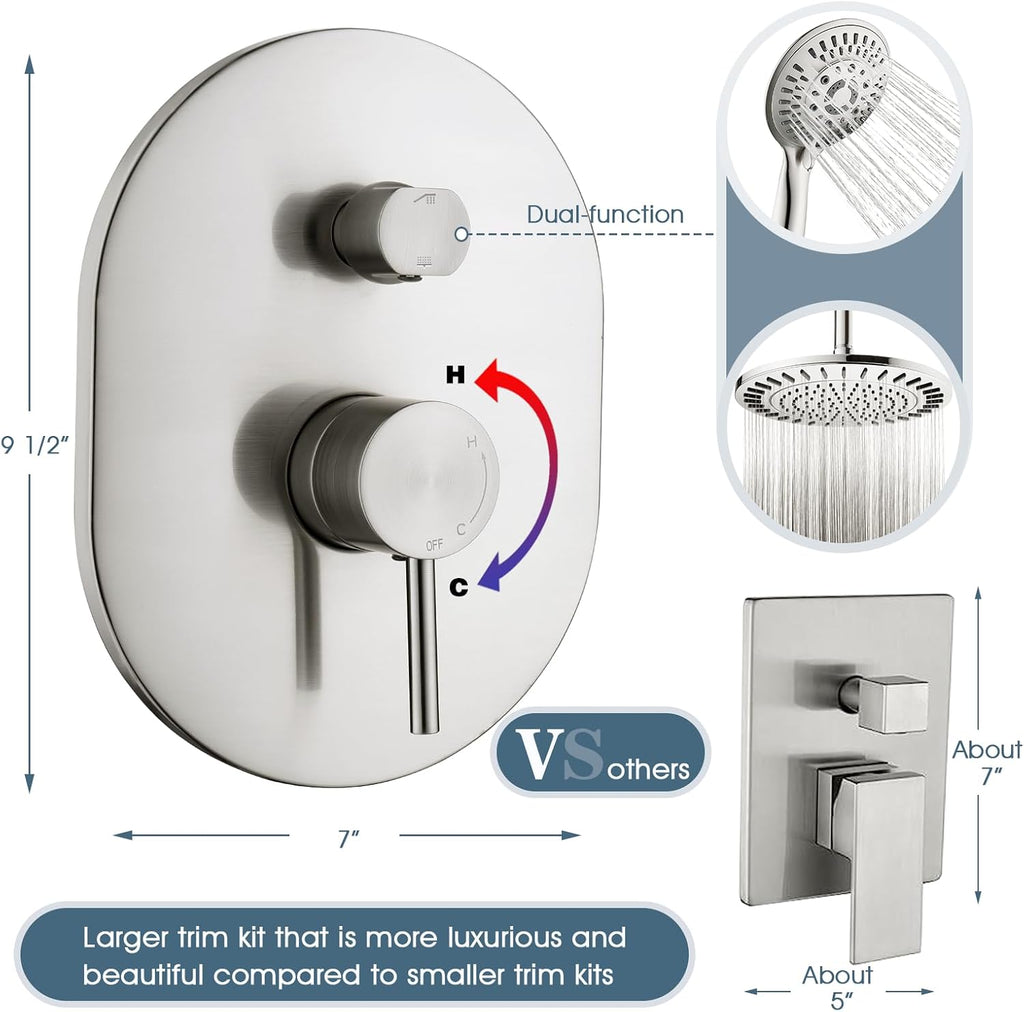 BRIGHT SHOWERS Shower Faucet Set, Shower Heads System with Rainfall Shower Head and Handheld Showerhead Combo, Shower Valve and Trim Kit, Wall Mounted Shower Holder and 79' Shower Hose, Brushed Nickel