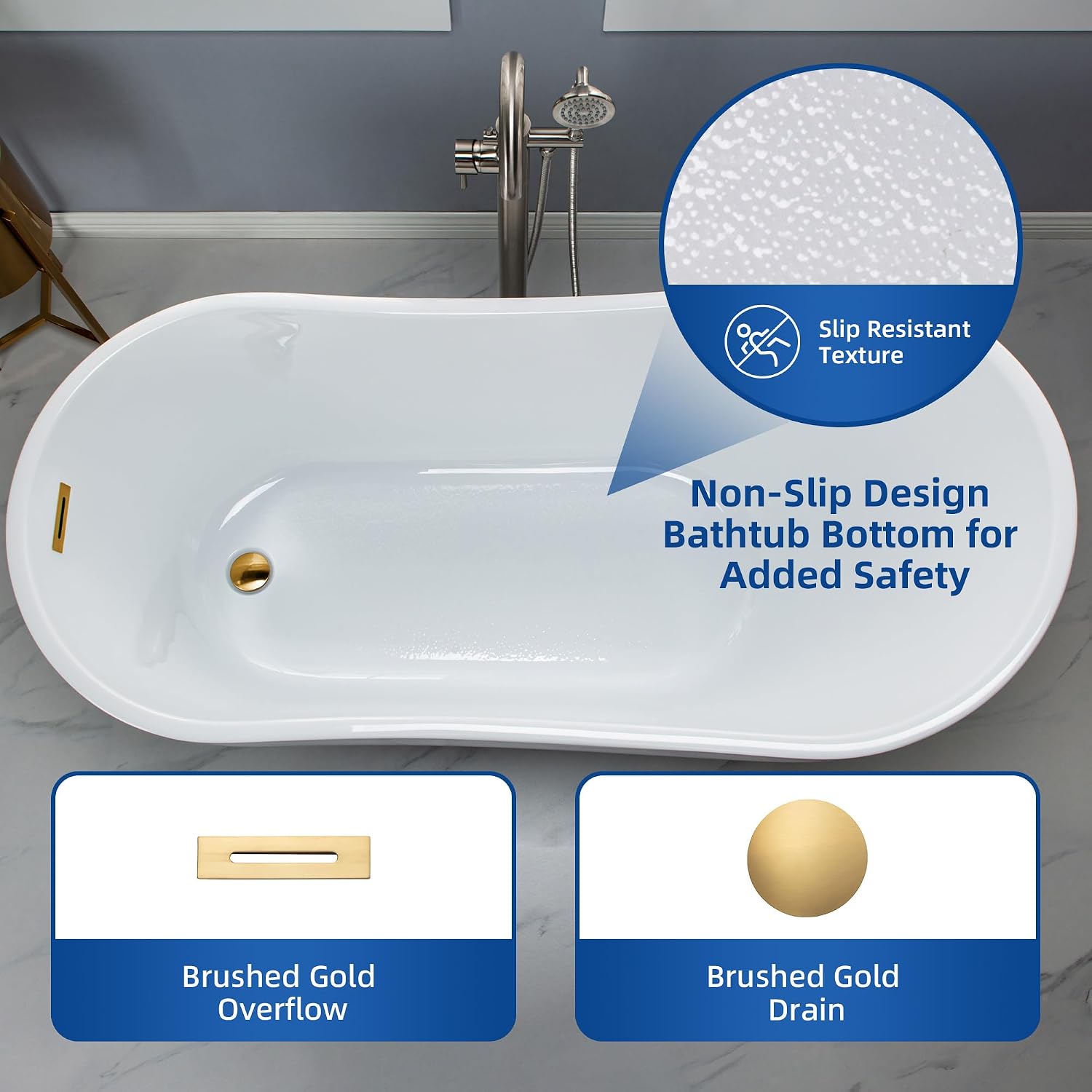 WOODBRIDGE 59' Acrylic Freestanding Bathtub Contemporary Soaking White Tub with Brushed Gold Overflow and Drain， B1530 -BG-Drain &O