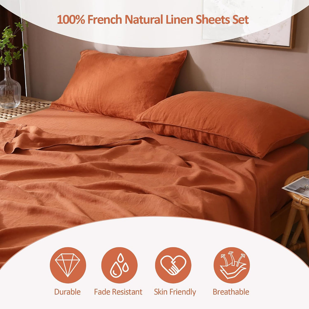 S VICTORY SYMBOL 100% Organic Linen Sheets Set Queen Size,Natural French Flax from Normandy Bedding Set with Stone Washed 4 Pieces,Ultra Soft Breathable(Caramel)
