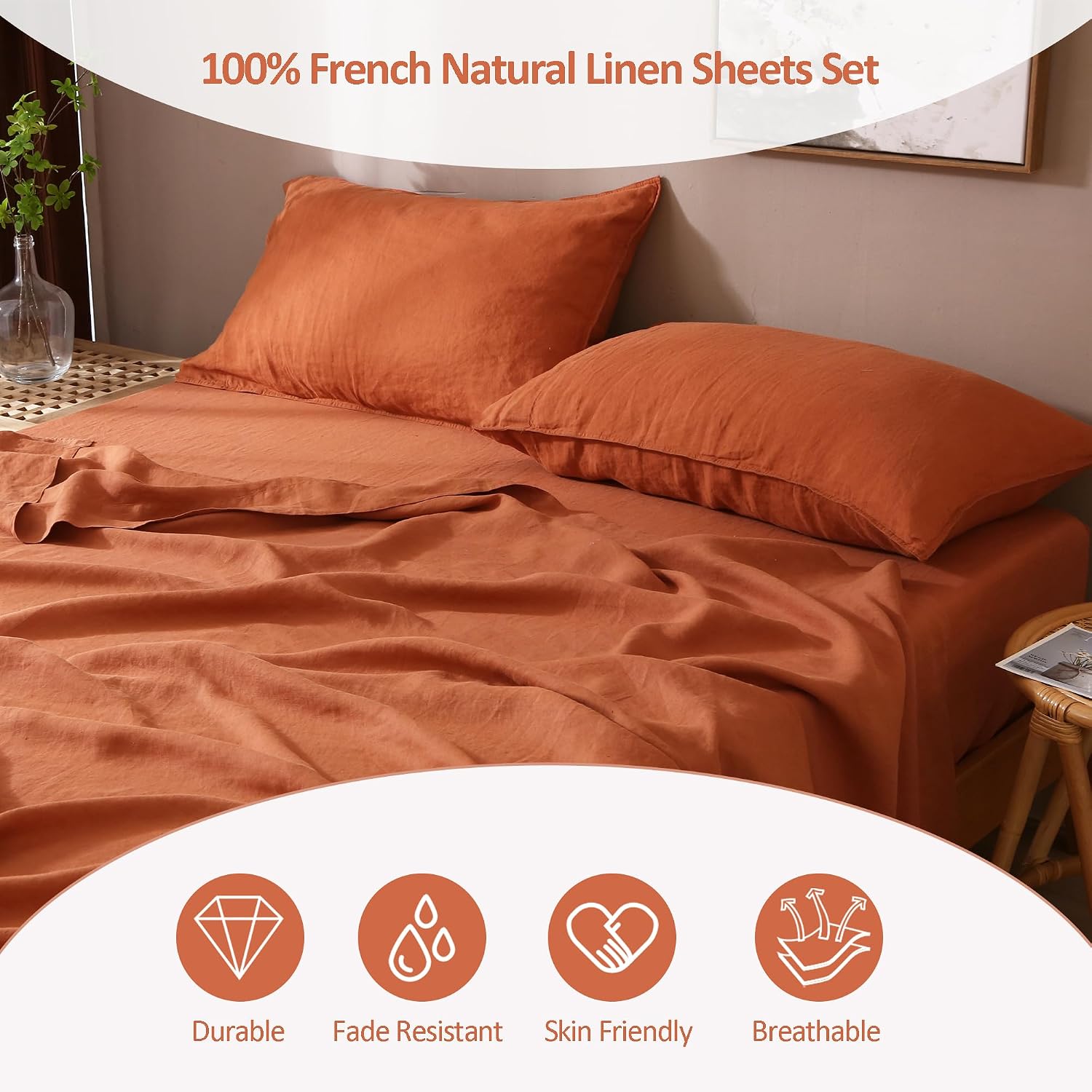S VICTORY SYMBOL 100% Organic Linen Sheets Set Queen Size,Natural French Flax from Normandy Bedding Set with Stone Washed 4 Pieces,Ultra Soft Breathable(Caramel)
