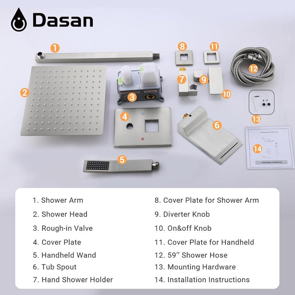 DASAN Tub Shower Faucets Sets Complete Brushed Nickel Bathtub Shower System with Waterfall Tub Spout, Bathtub Faucet Set Tub and Shower Faucet Combo Trim Kit with Valve, DA-SS04BN-S10W