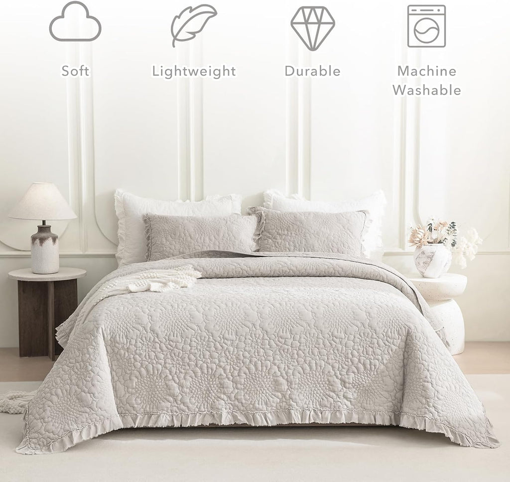QSH Light Wheat Oversized King Quilt Bedspread Set(120'x120'),3PCs Stonewashed Cotton Ruffled Quilt California King,Ultra Soft Lightweight Crinkled Shabby Farmhouse Chic Bedspread Coverlet Bedding Set