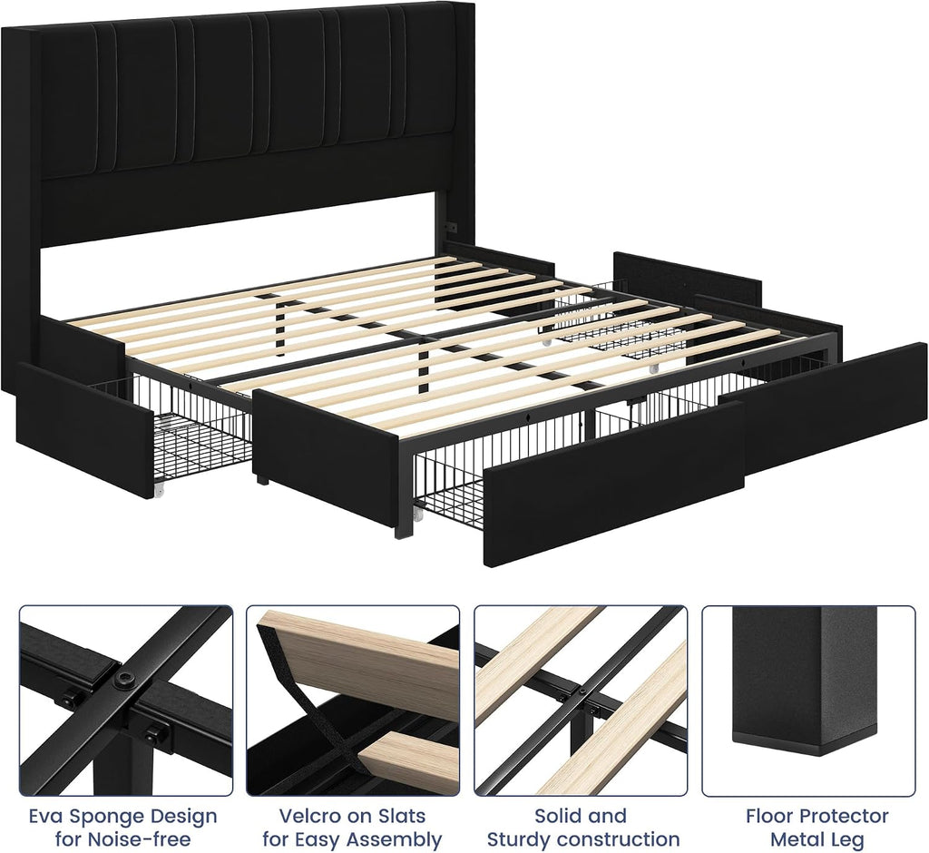 BRELTAM Queen Size Bed Frame with 4 Storage Drawers Velvet Upholstered Platform Bed with Wingback Headboard, No Box Spring Needed, Easy Assembly, Black
