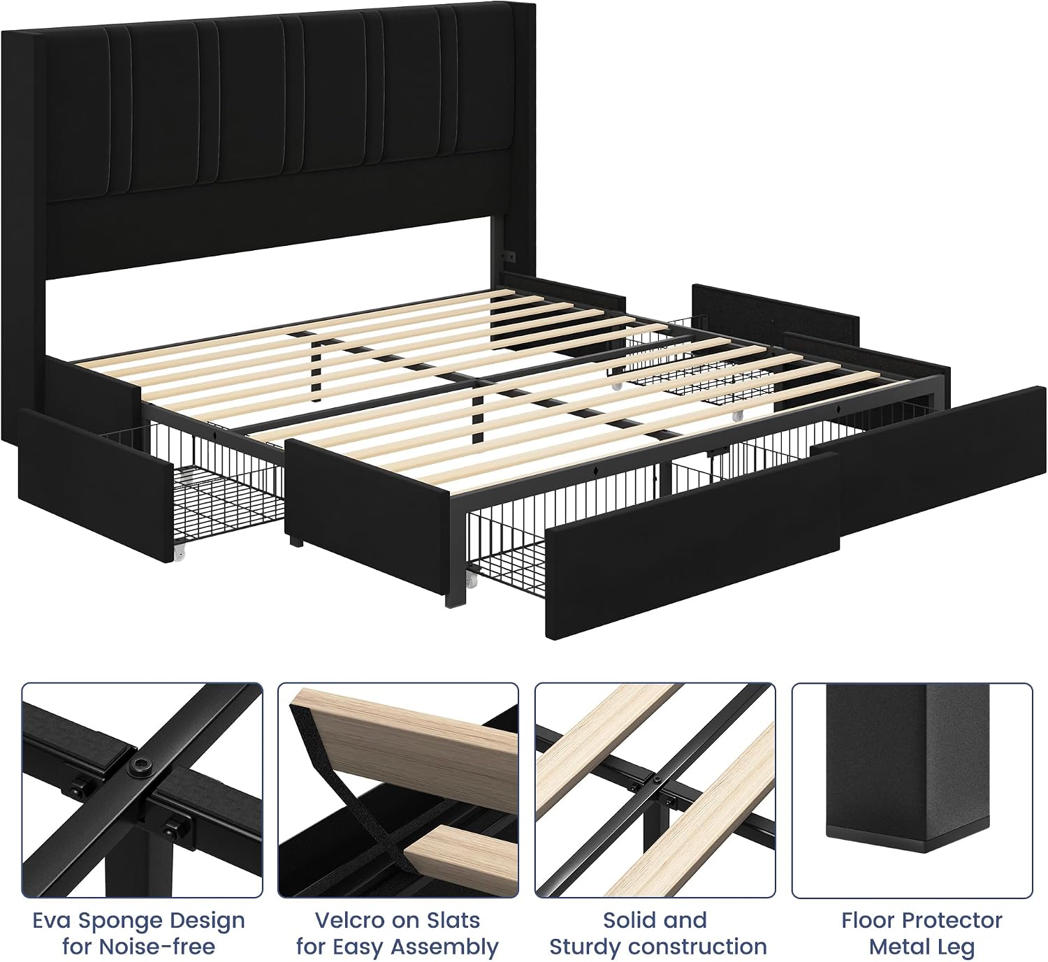 BRELTAM Queen Size Bed Frame with 4 Storage Drawers Velvet Upholstered Platform Bed with Wingback Headboard, No Box Spring Needed, Easy Assembly, Black