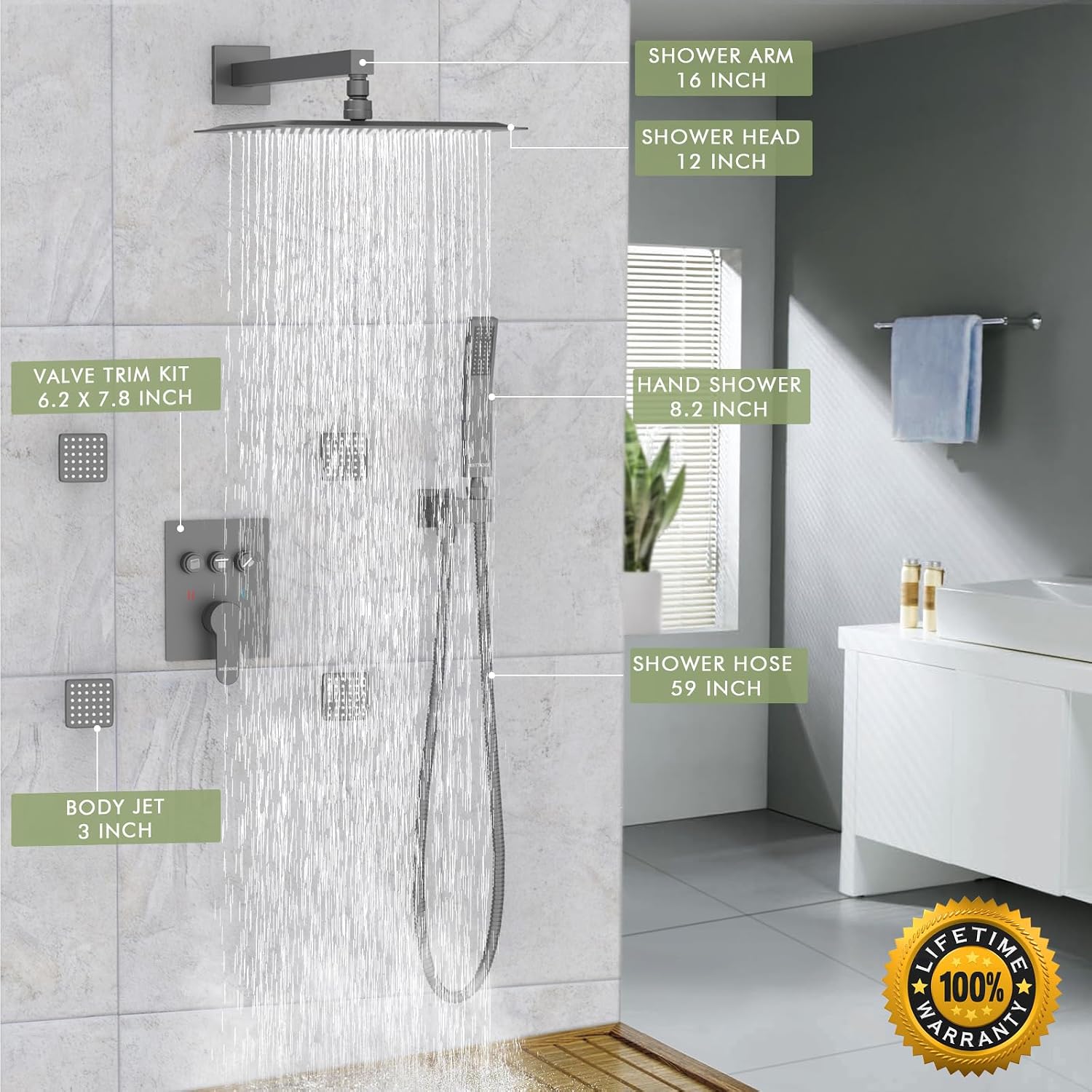 Shower System with Body Jets,Bostingner 3 Way Shower Faucet Set 12' Rain Shower Head with Handheld Spray, Can Use at Same Time,Push Button Diverter Shower Head Set Complete, Matte Black