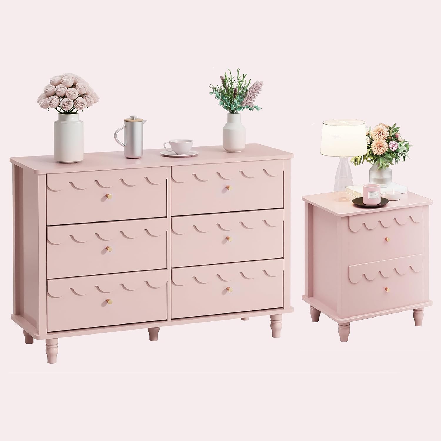 Anbuy Bedroom Sets Scalloped 6 Drawer Dresser and Night Stand Sets for Bedroom, Two Drawers Nightstand & 6 Drawer Dresser Combo 2 Pieces (Pink)
