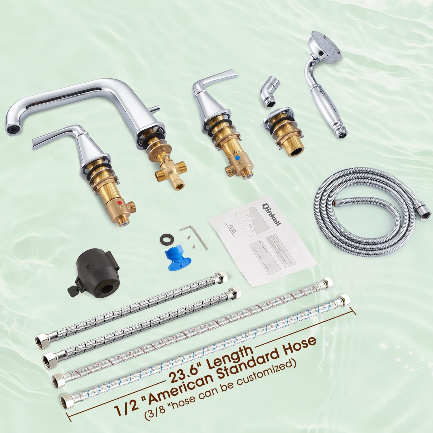 Roman Bathtub Faucet with Sprayer, Qinkell Tub Faucet Set with Valve, 4 Hole Deck Mount Tub Faucets, 2 Handle High Flow Tub Filler with Hand Shower and Supply Lines Polished Chrome