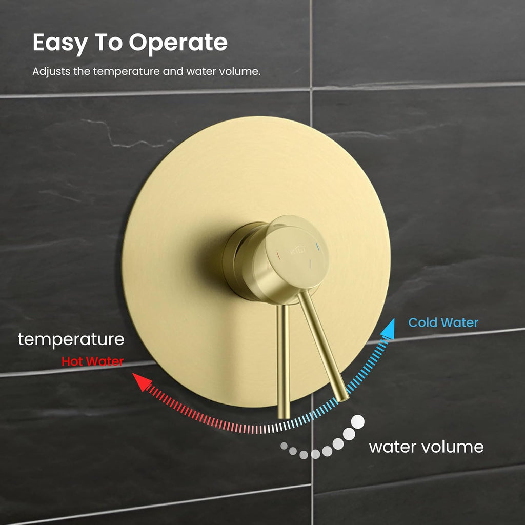 KIBI Rain Shower System with Valve, Wall Mounted Single Function Bathroom Shower Faucet Set – Solid Brass Pressure Balanced Shower Trim Kit with Round Rainfall Shower Head, Brushed Gold (KSF407BG)