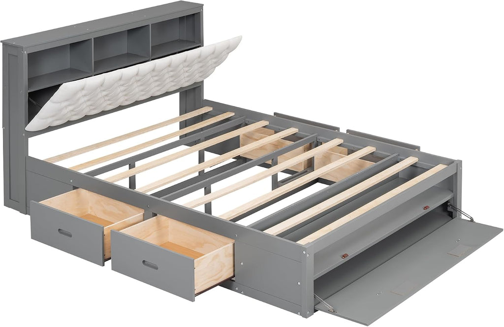 Harper & Bright Designs Queen Storage Bed Frame with Shoes Rack, Wood Queen Platform Bed with Upholstered Headboard and 4 Drawers, Modern Queen Size Bed for Bedroom, No Box Spring Needed, Gray