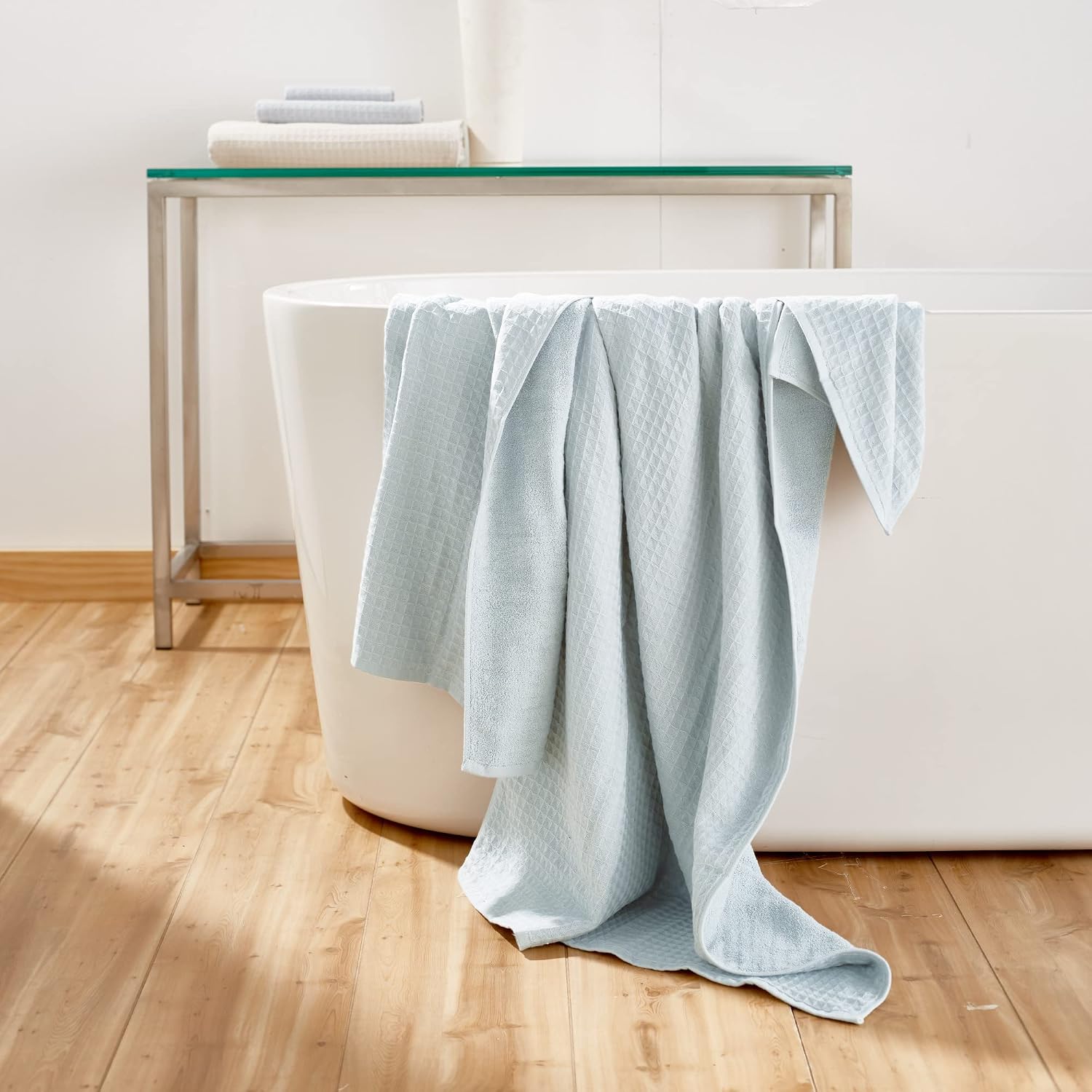 UCHINO Waffle Twist Cotton Weave Towel Set for Bathroom – 2 Bath, 2 Hand, 2 Washcloths, Lightweight Absorbent Quick Dry Honeycomb Texture Solid Terry Loop Reverse, 6 Piece, Ocean