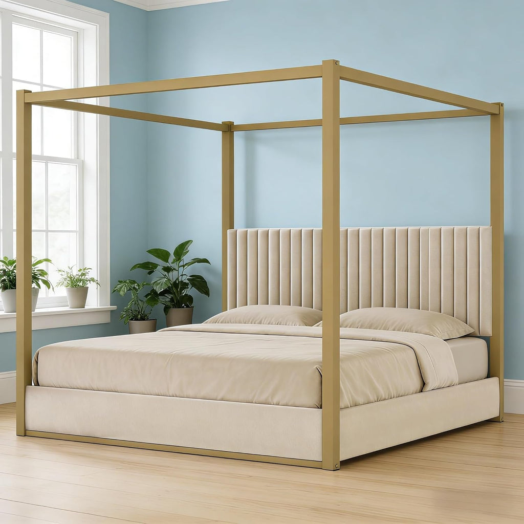 LUMISOL King Size Metal Canopy Bed Frame, 4 Poster Bed with Tall Upholstered Headboard, Velvet Upholstered Canopy Platform Bed, No Box Spring Needed, Beige + Gold