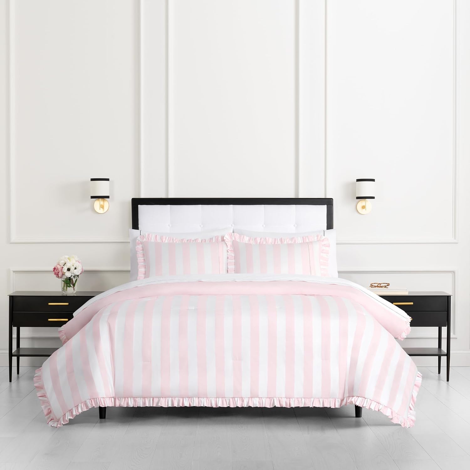 kate spade new york Sateen Ruffle Full/Queen Comforter Set, 300 Thread Count Cotton Sateen Reversible Cover, All Season 3 Piece Bedding, Machine Washable, Pink