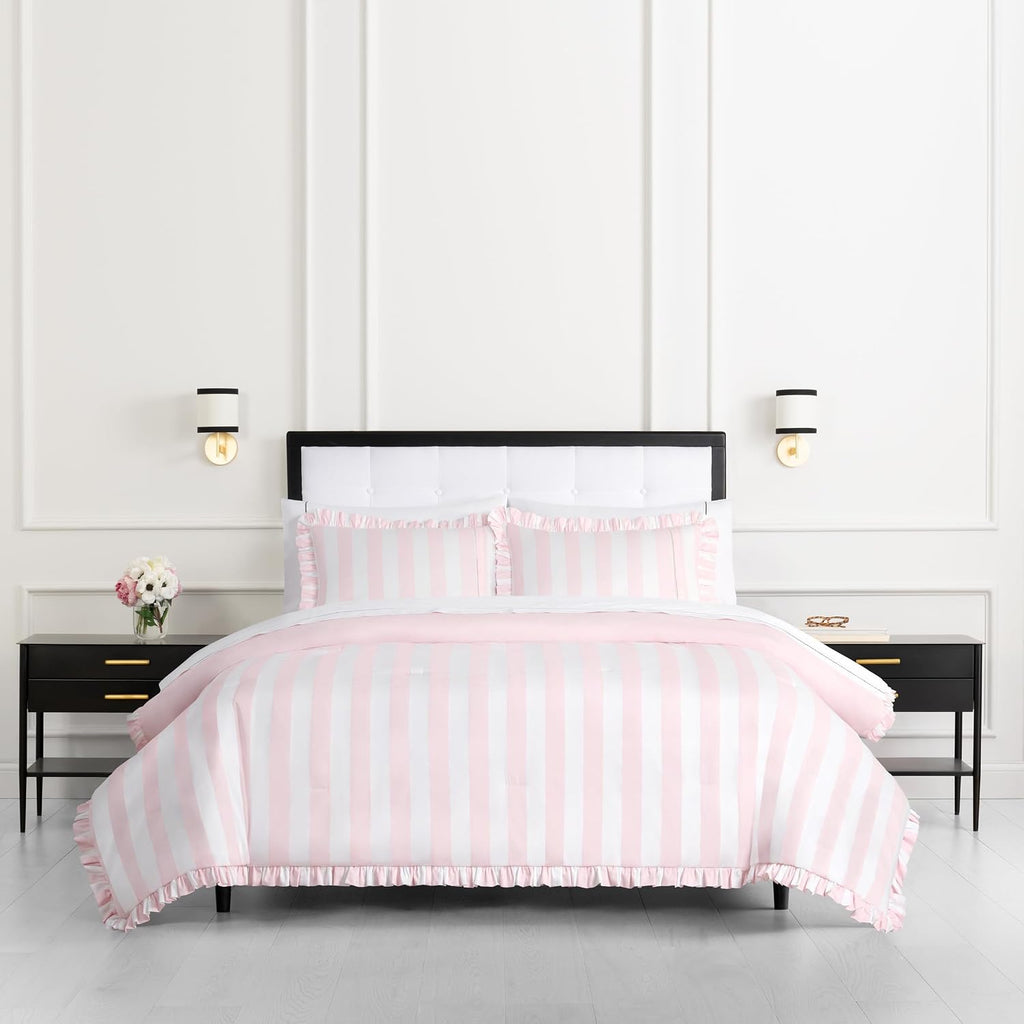 kate spade new york Sateen Ruffle King Comforter Set, 300 Thread Count Cotton Sateen Reversible Cover, All Season 3 Piece Bedding, Machine Washable, Pink